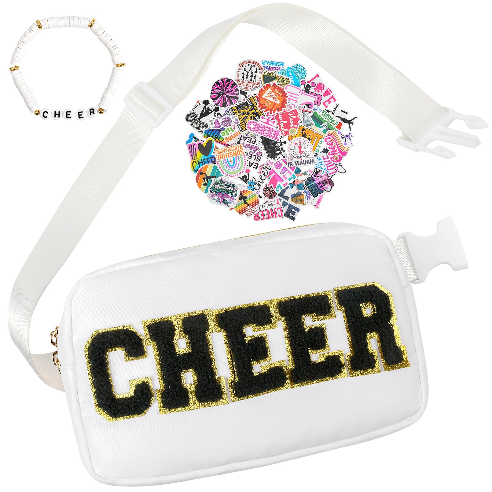 KUIRAN Cheer Bag, Nylon Chenille Letter Belt Bag Fanny Pack With Bracelet and Cheerleader Stickers for Cheerleader Girl Women Birthday Christmas Gift