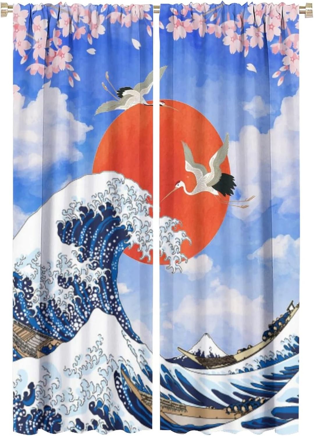Japan Crane Blackout Curtains,Retro Watercolor Japanese Great Wave Red Sun Cherry Blossom Window Treatments Rod Pocket Thermal Insulated Room Darkening Blackout Curtains 2 Panels 63L x 21W