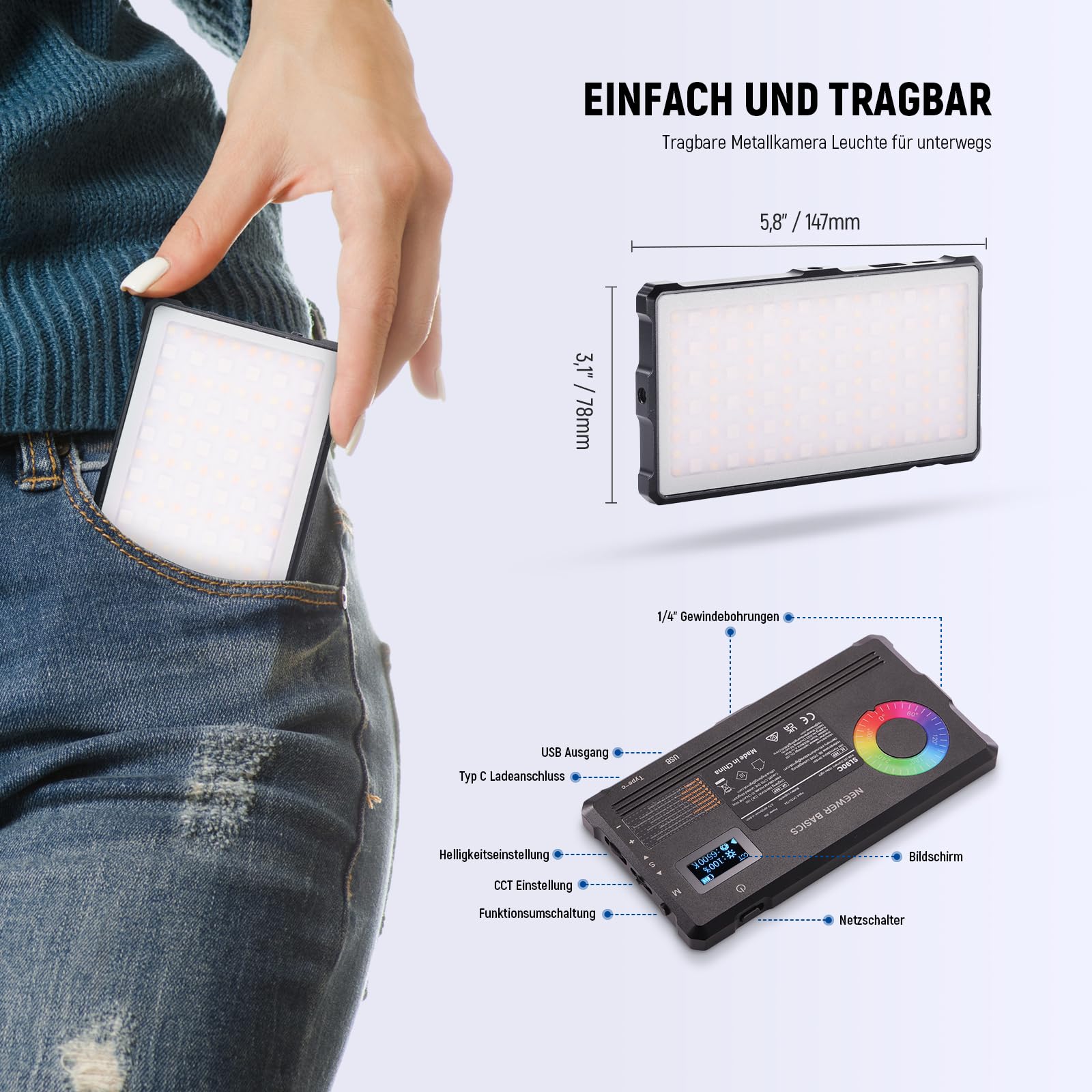 NEEWER Basics RGB Videoleuchte, 9W, 2700K–7500K, alle RGB Farben, 17 Szenen, CRI 97, 4000mAh, wiederaufladbar, kleines LED Kamera Panel aus Metall für DSLR, Stativ, Streaming und Videoaufnahmen, SL90C