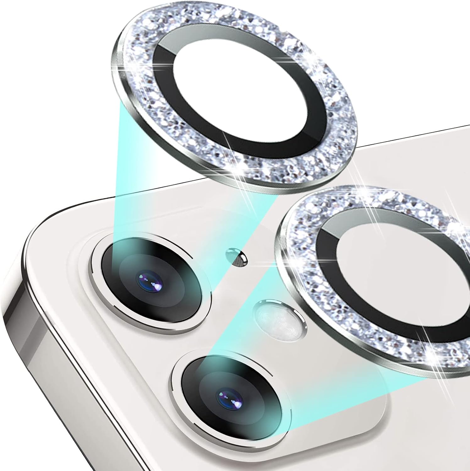 JOLOJO Screen Protector Compatible for iPhone 12 Mini(5.4")/ 12(6.1")/ 11(6.1") Camera Lens Protector High Definition Anti-Scratch Full Cover Metal Ring Ultra Thin/Clear - Silver Diamond
