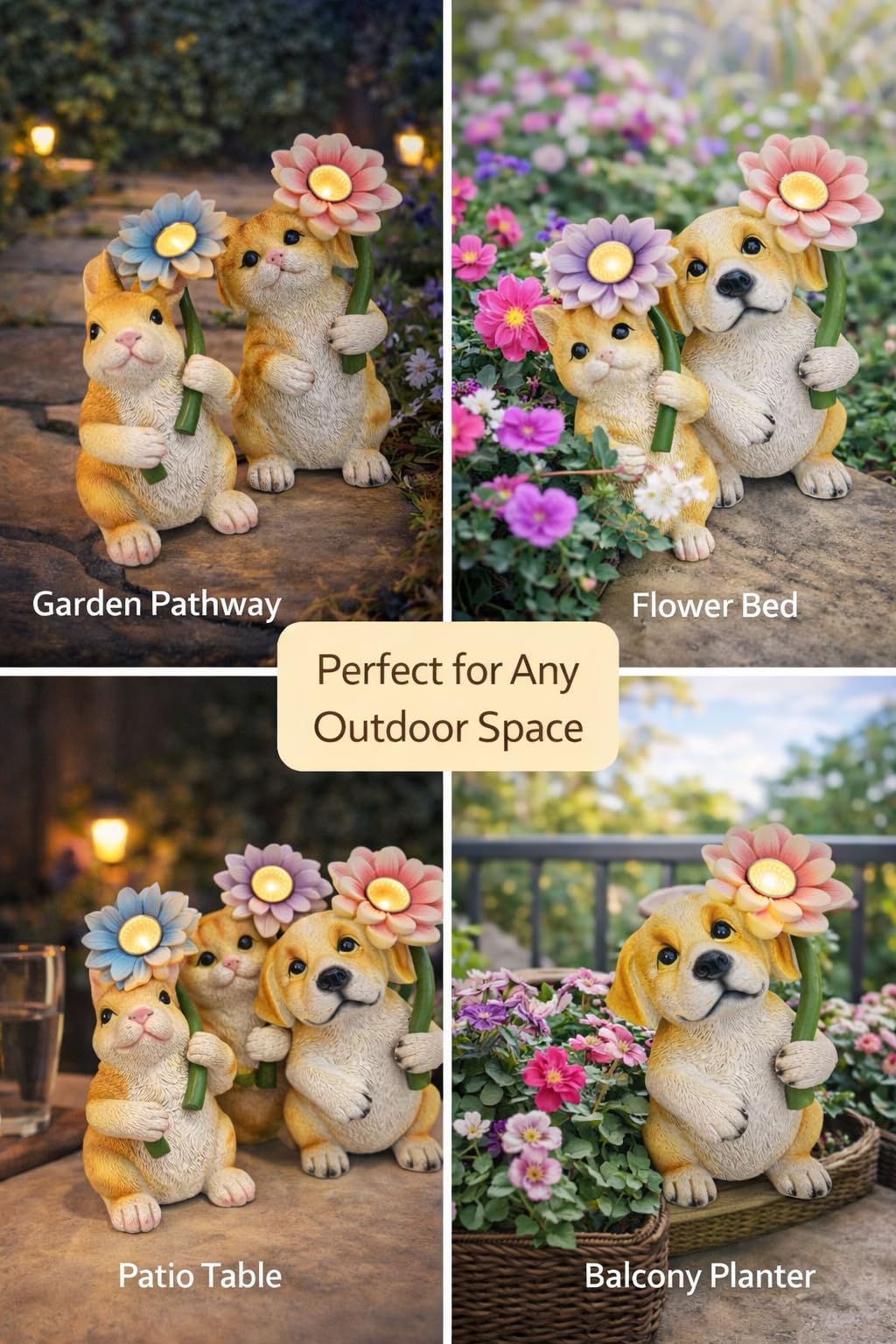 GoGnome Set di 3 luci solari da giardino a forma di animali, statuette in resina a forma di coniglietto, gatto e cane, con fiori a LED caldi, ad energia solare, decorazione per esterni, per giardino