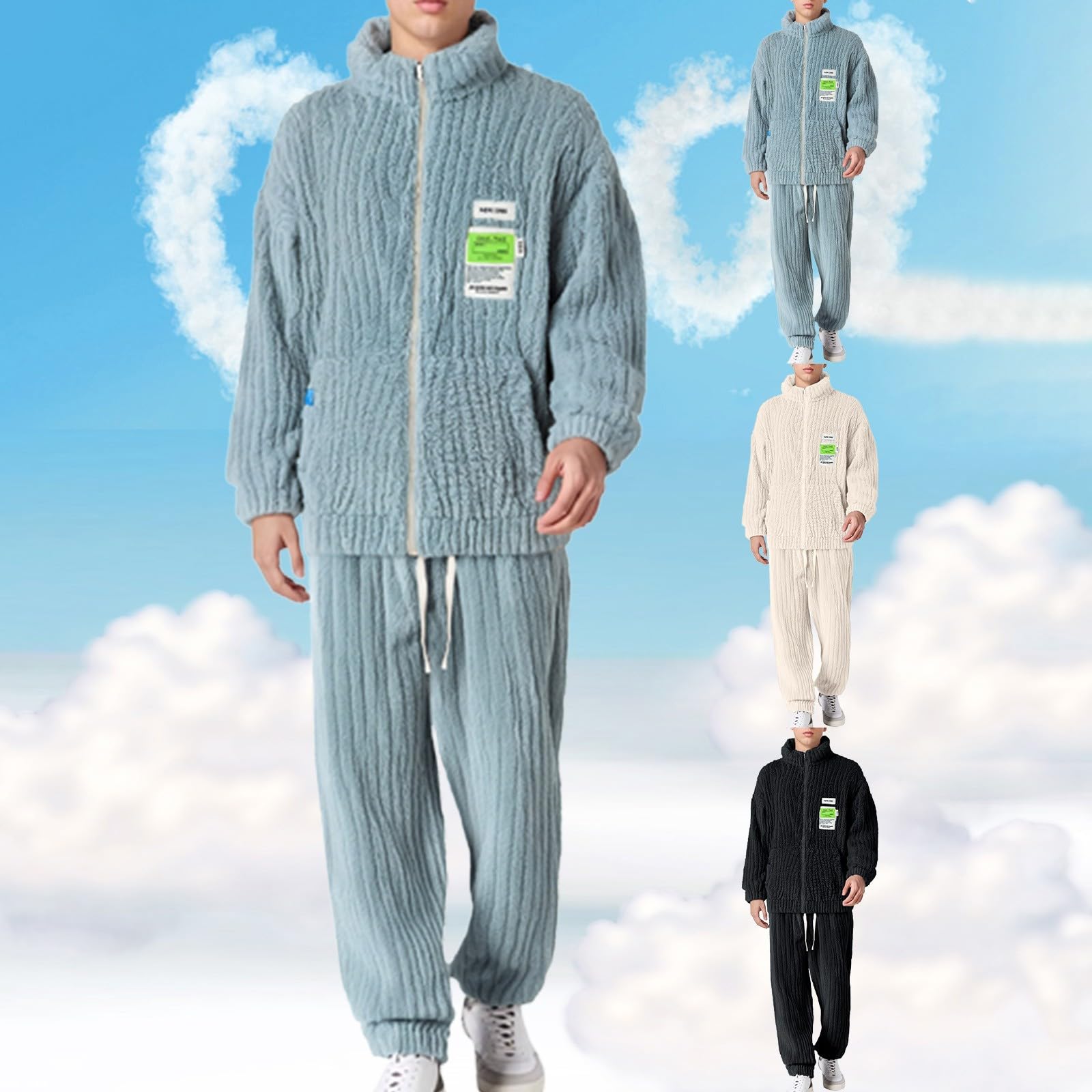 Generisch Pijama largo para hombre, forro polar coral, ropa de salón, franela para invierno, ropa de dormir gruesa, 2 piezas, cuello alto, parte superior con cremallera y pantalón de pijama elástico