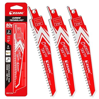 EZARC Carbide Reciprocating Saw Blades, 6-Inch 6TPI, Wood, Metal, 3-Pack | Carbide Teeth, Up to 50x Longer Life Than Bi-Metal, Cuts High-Alloy Steel, Stainless Steel, Bolts, Hardened Screws