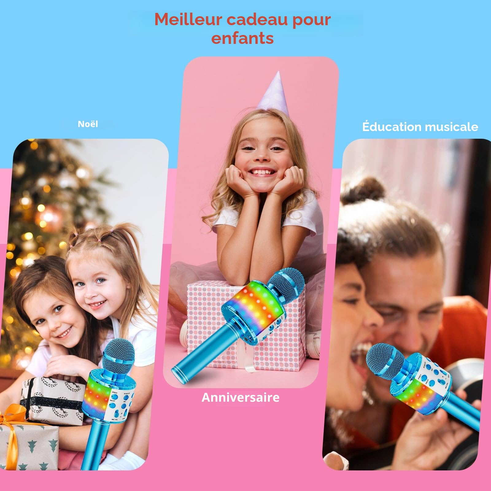 Ankuka Microphone sans Fil Karaoké, Micro Karaoke Enfant avec Lumières LED de Danse, Microphone Bluetooth pour Enfants Fille Garcon pour Fête Chanter Idée Cadeau de Noël Anniversaire Bleu
