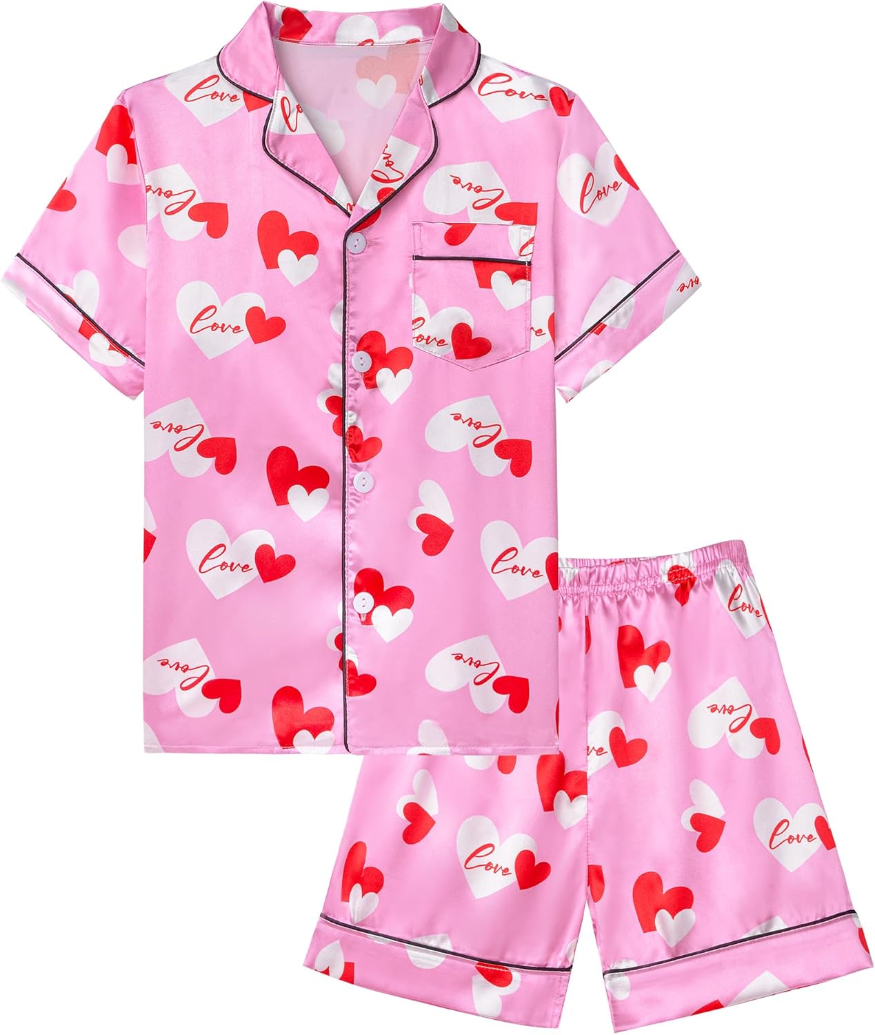 Kids Girls Pajama Set Silky PJS Button-Down Sleepwear Nightwear Loungewear Clothes Set Gifts