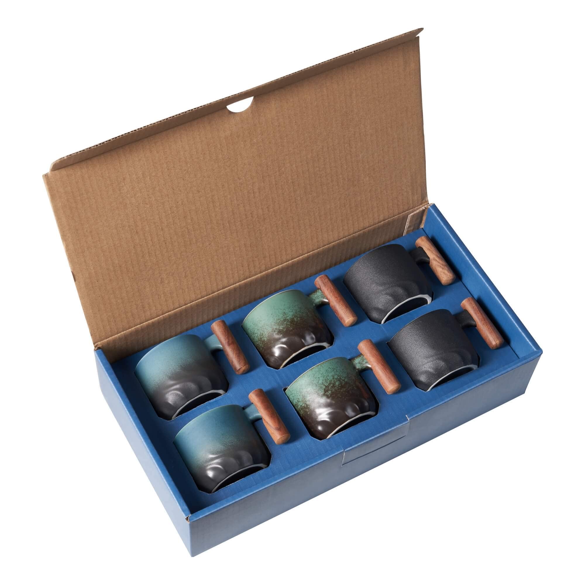 BlogBlog Ceramic Espresso Cups with Wooden Handle Espresso Shot Cups Ceramic Tea Cups Porcelain Demitasse Cups for Coffee or Tea 3oz (Black&Blue&Green