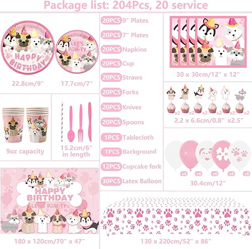 Miniatura 2 de KEFAN Suministros de fiesta de perro, vajilla de cumpleaños de pata de perro rosa, incluye platos de perro rosa, vasos, servilletas, mantel, telón