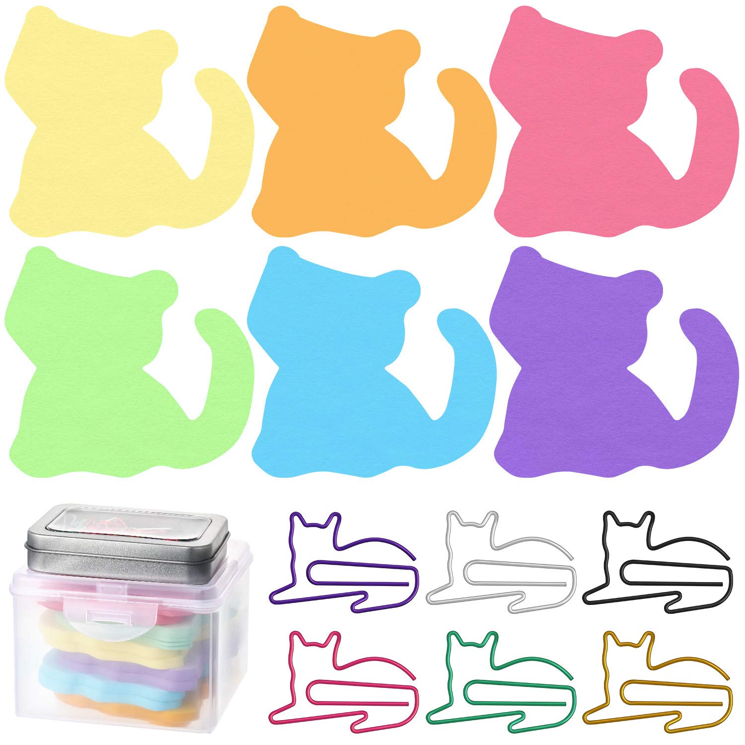 600 Sheets Cute Cat Sticky Notes Cat Self-Adhesive Notes, 60 Pieces Cat Paper Clips with Storage Box for Home Office School Stationary Supplies Cat Lover Gifts