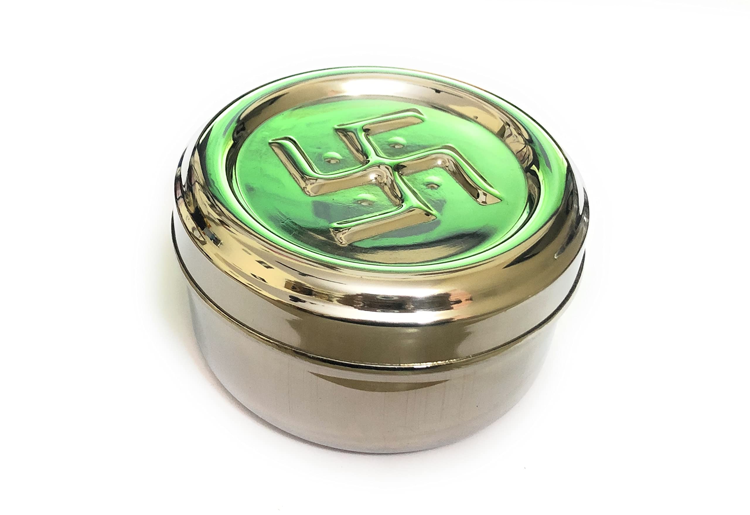 A2S Murti Steel plastic layer inside/ 4 compartment Chandan Roli Tika Chopda Set/Chawal Akshat Haldi Dibbi/Kumkum Holder Chopda Pack of 1 Piece 2