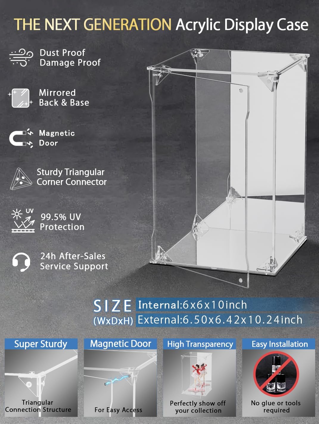 Clear Acrylic Display Case with Mirrored Back and Base, UV Protected Acrylic Box with Magnetic Door, Dustproof Display Box Showcase for Collectibles, Figures, Models, Toys (6x6x10inch)