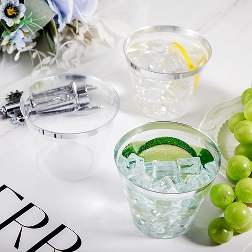 Miniatura 2 de Ciaell 200 vasos de plástico plateados, vasos de plástico resistentes de 9 onzas, taza con borde plateado, taza transparente desechable con borde