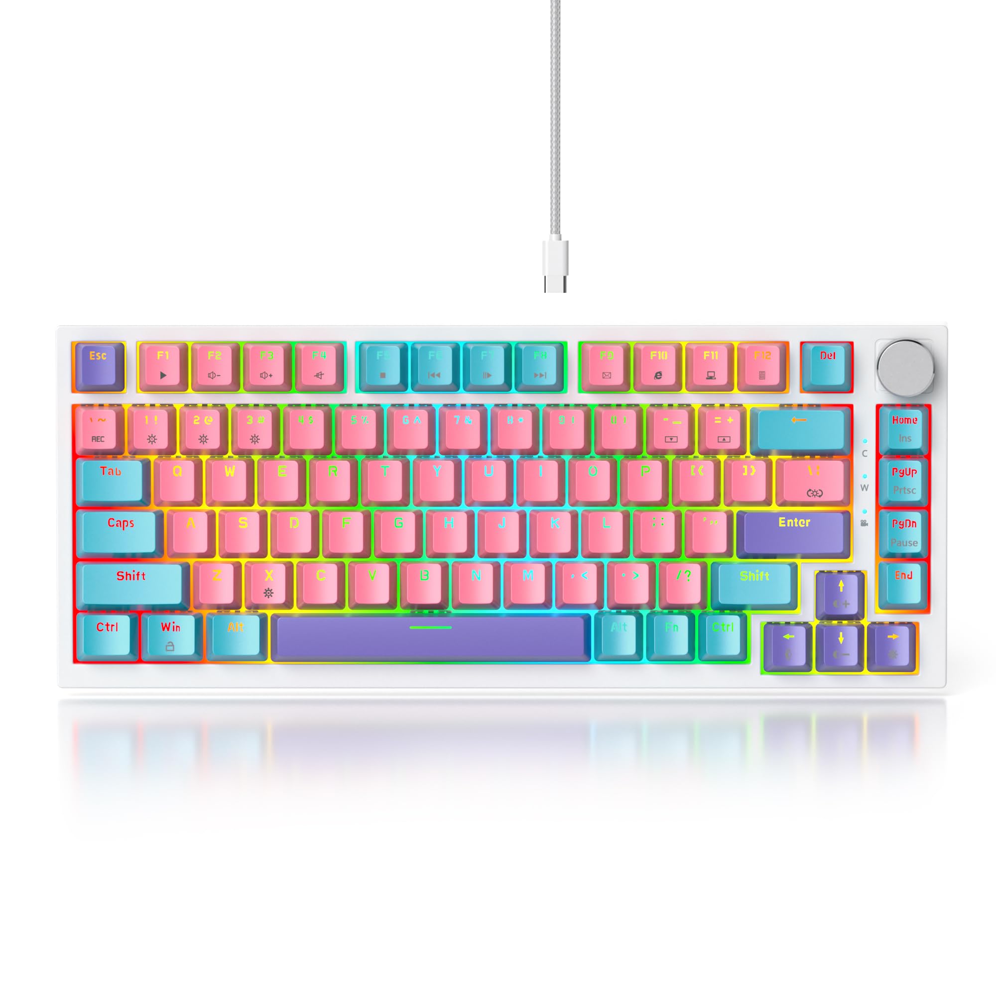 SOLIDEE Verkabelte Mechanische Gaming Tastatur 75%,hot-swap-fähige mechanische Tastatur Gasket Struktur,RGB Hintergrundbeleuchtung,QWERTY 82 Tasten TKL Gaming Tastatur mit Drehknopf(82 Pink) - 3