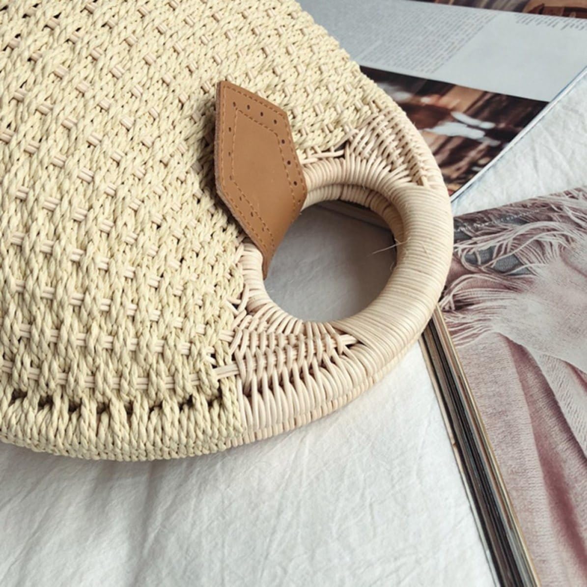 Vaguelly Bolso de Paja para Mujer Ligero Diseño Mano Estilo Beige para Playa y Uso Diario