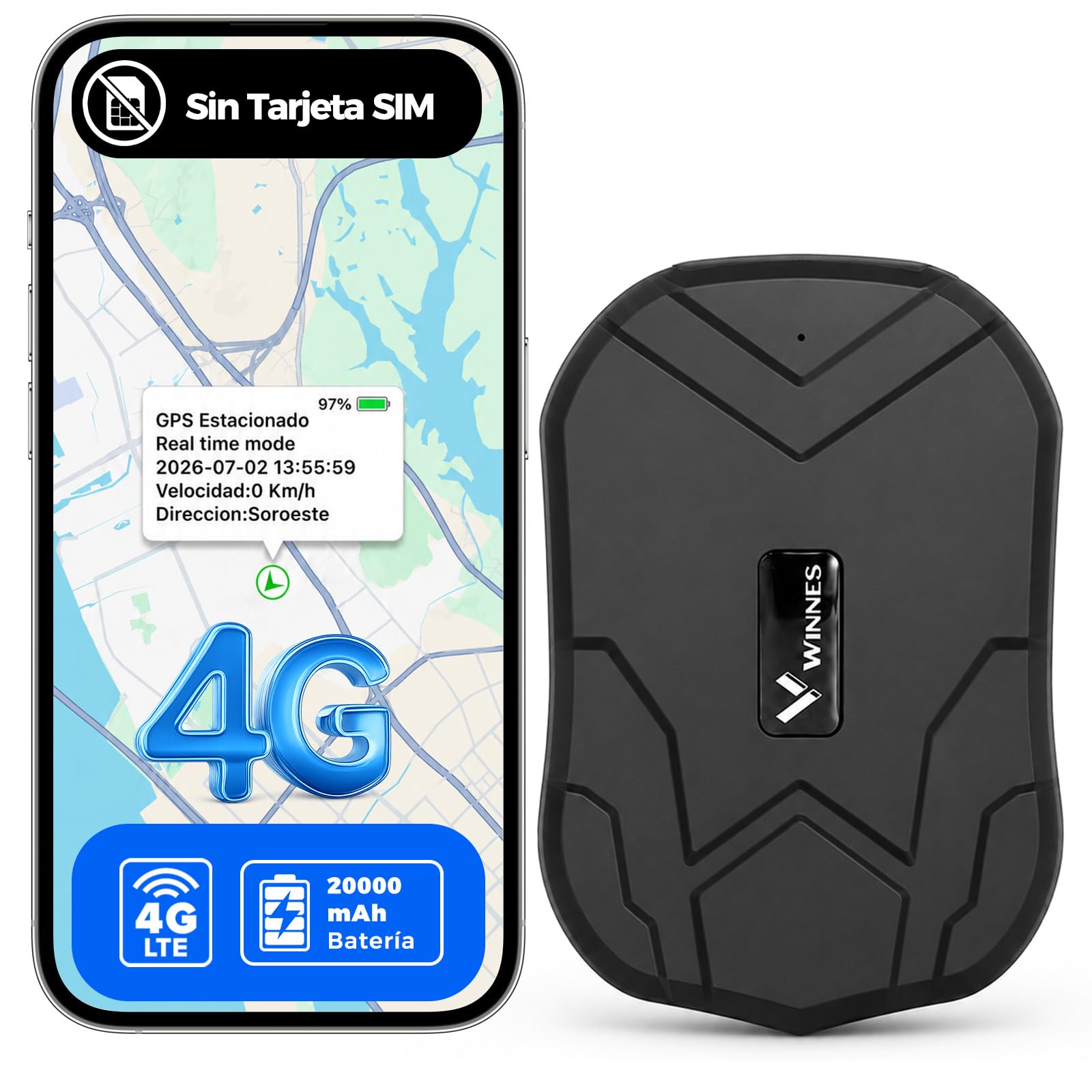 WINNES Localizador GPS para Coche 4G Rastreador No Requiere Tarjeta SIM | Batería de 20000 mAh, Seguimiento Global en Tiempo Real, Historial de viajes, GeoFence, Magnético, Requiere Suscripción