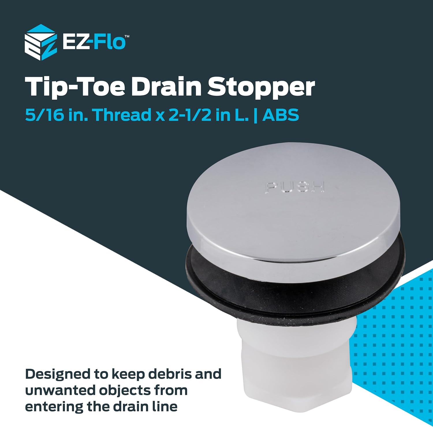 ez-flo abs tip-toe drain stopper with rubber seal, 5/16 inch thread, chrome plated, 35227 5/16 in.