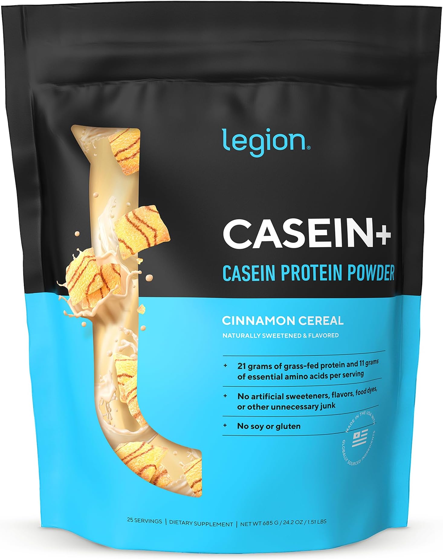 Casein+ Casein Protein Powder (Cinnamon Cereal) - Slow-Release Micellar Protein Powder - Non-GMO, Gluten-Free & Naturally SweetenedPowder from Grass-Fed Cows
