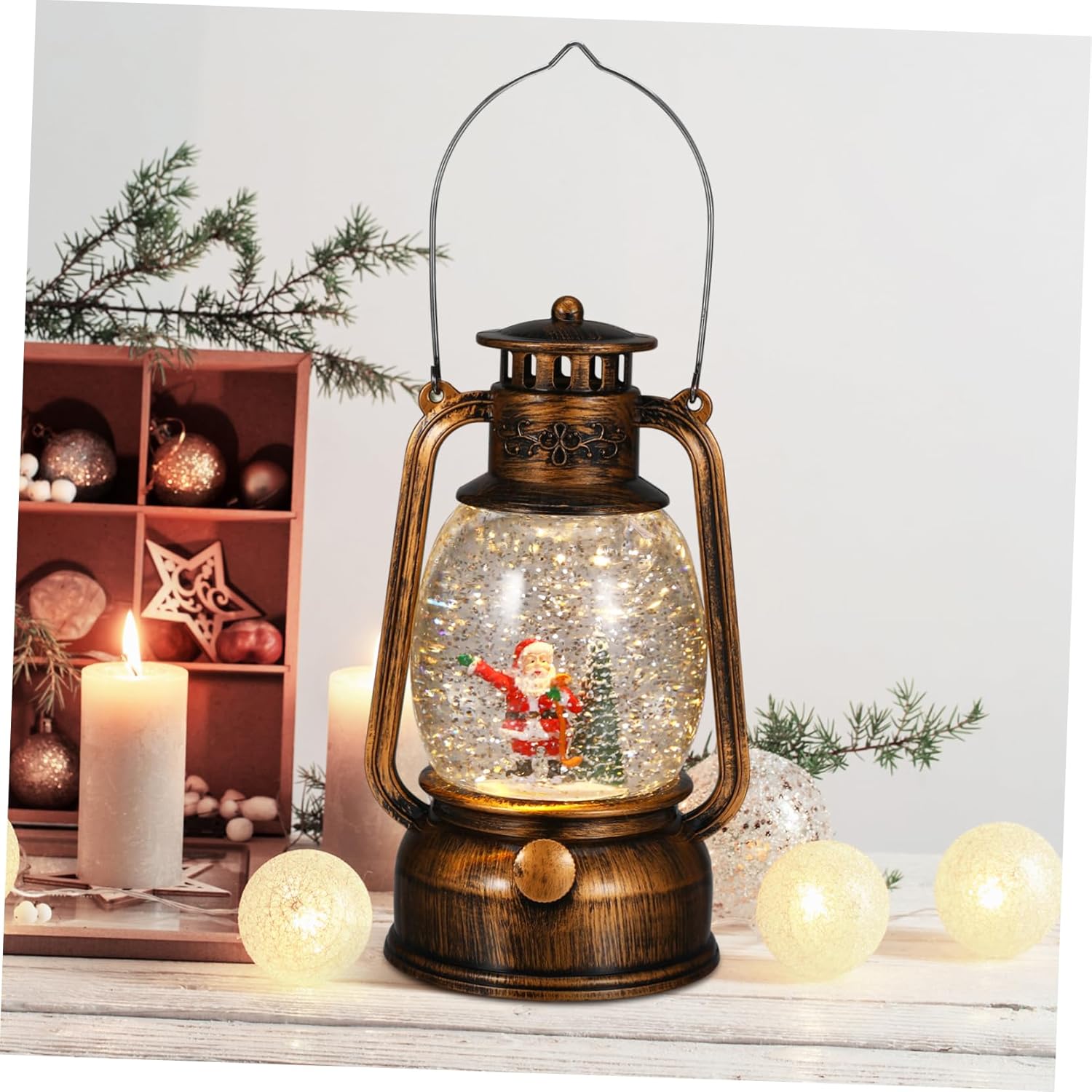 DOITOOL Musical Snow Globe Lantern with Glittering Light and Festive Soundtrack USB and Battery Operated Christmas Santa Claus Decoration Vintage Style Holiday Accent for Desktop and