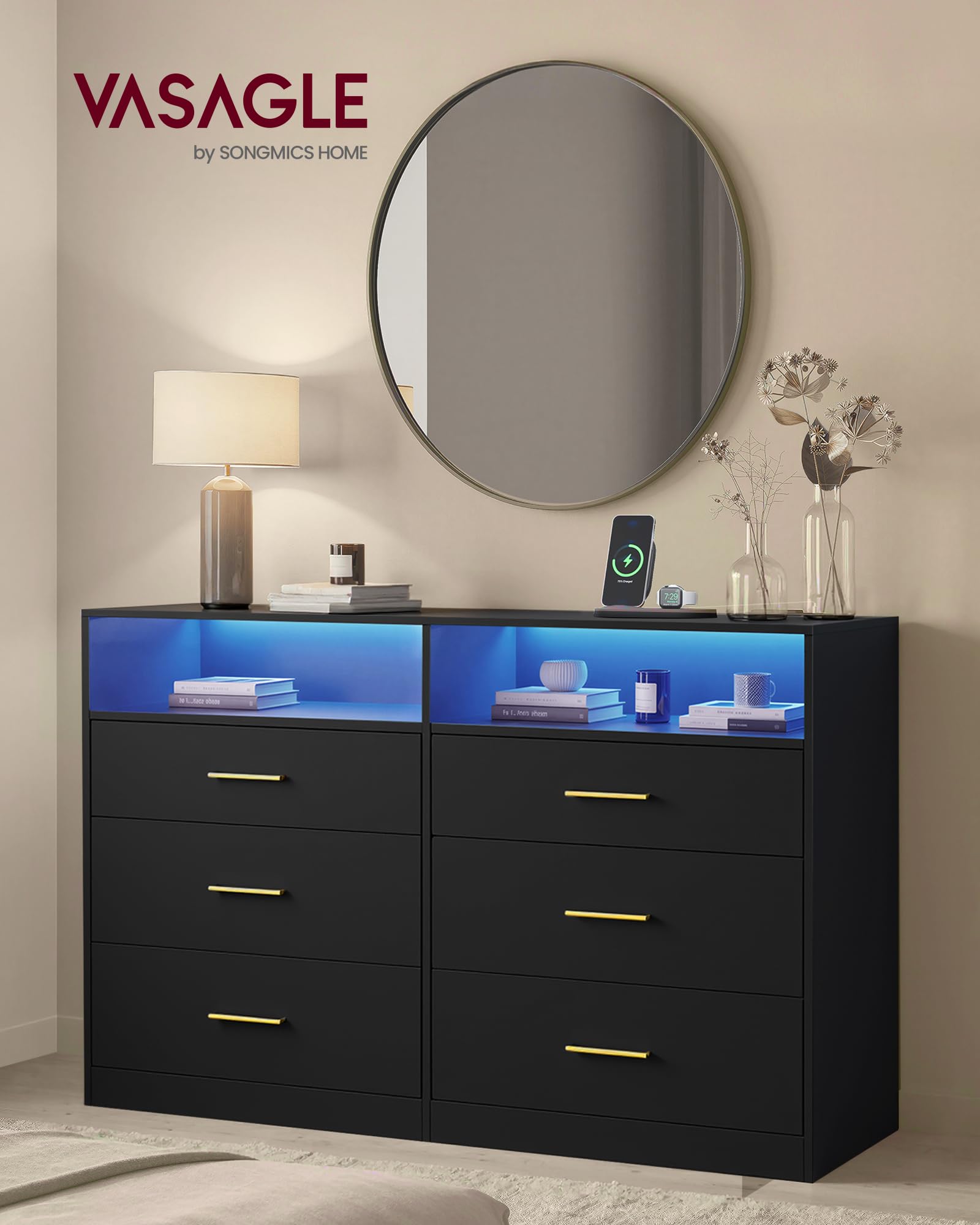 VASAGLE Custos Collection - Commode avec Éclairage LED et Multiprise Intégrée, Armoire de Rangement Moderne, pour Salon, Chambre, 6 Tiroirs, 40 x 119 x 81,2 cm, Noir d'encre LTS316BC01