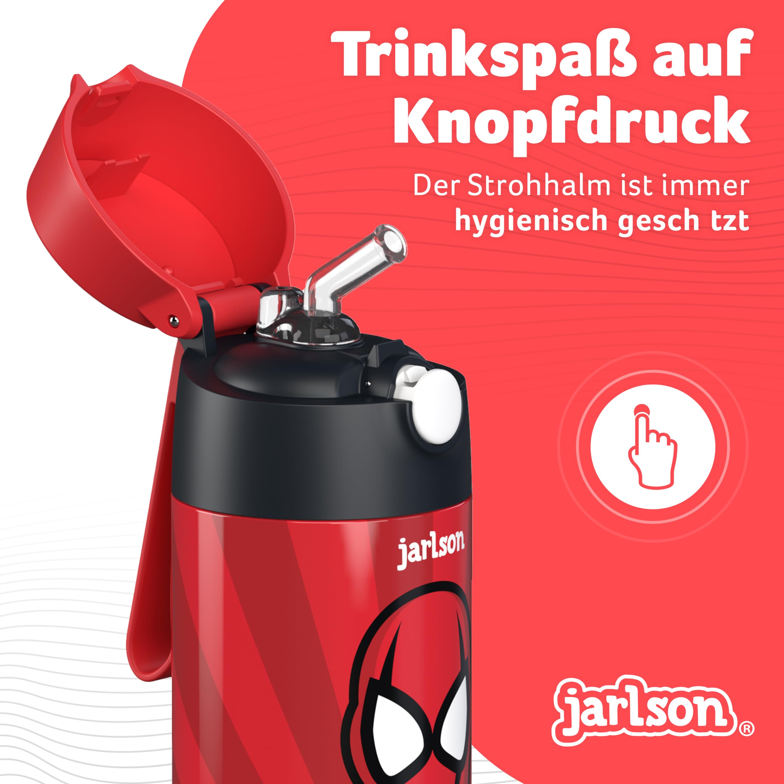 Jarlson® Trinkflasche Kinder Edelstahl Charli [MIT STROHHALM] - Thermosflasche Auslaufsicher - Thermoskanne - Water Bottle Kids - Thermo Trink Flasche für Schule & Kindergarten (350ml, Superheld rot)