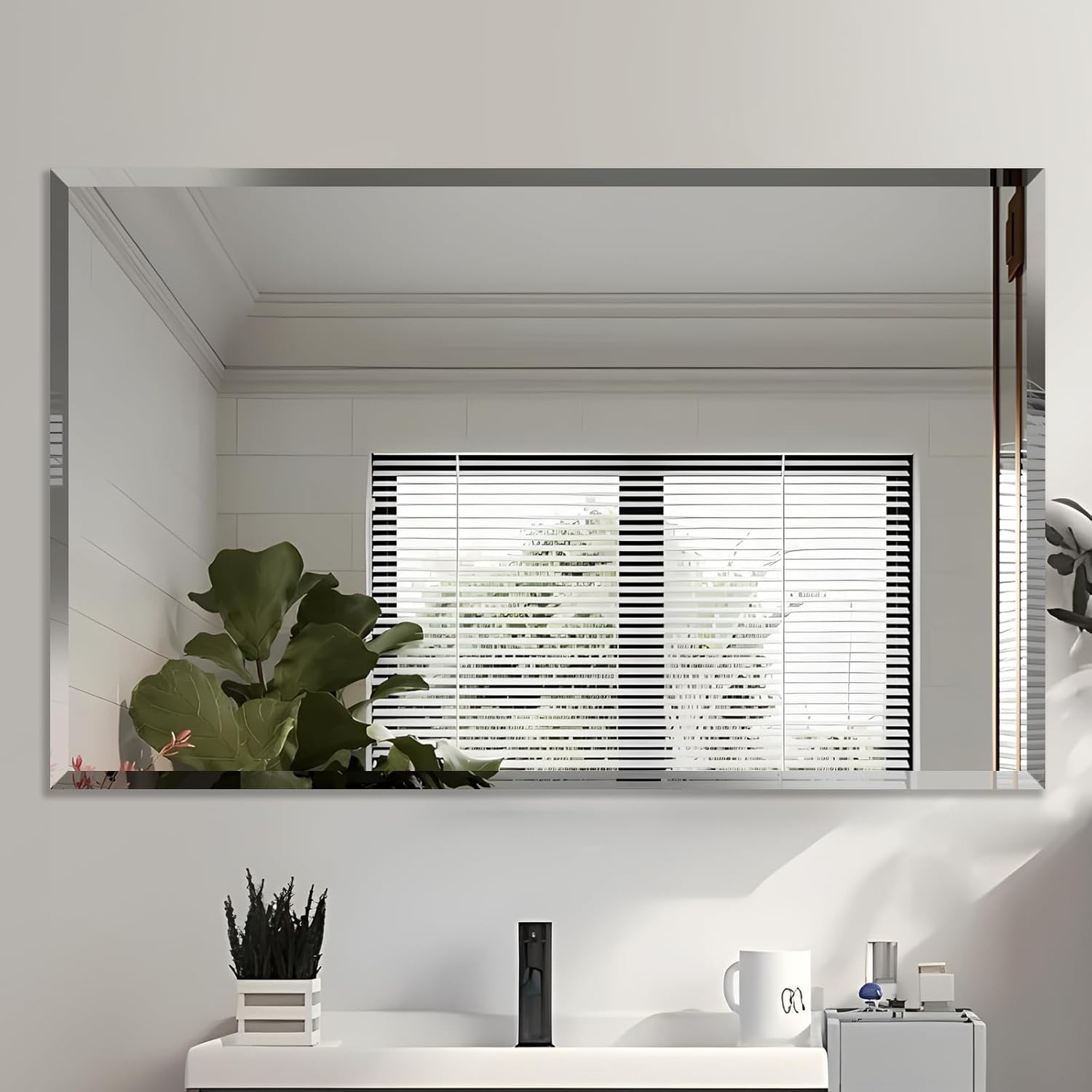 Beveled Mirror, 48"x30" Inch Beveled Frameless Mirror for Bathroom, Rectangular Beveled Edge Bathroom Vanity Mirror, Upgraded Shatterproof Wall Mirror, Hangs Horizontally or Vertically.