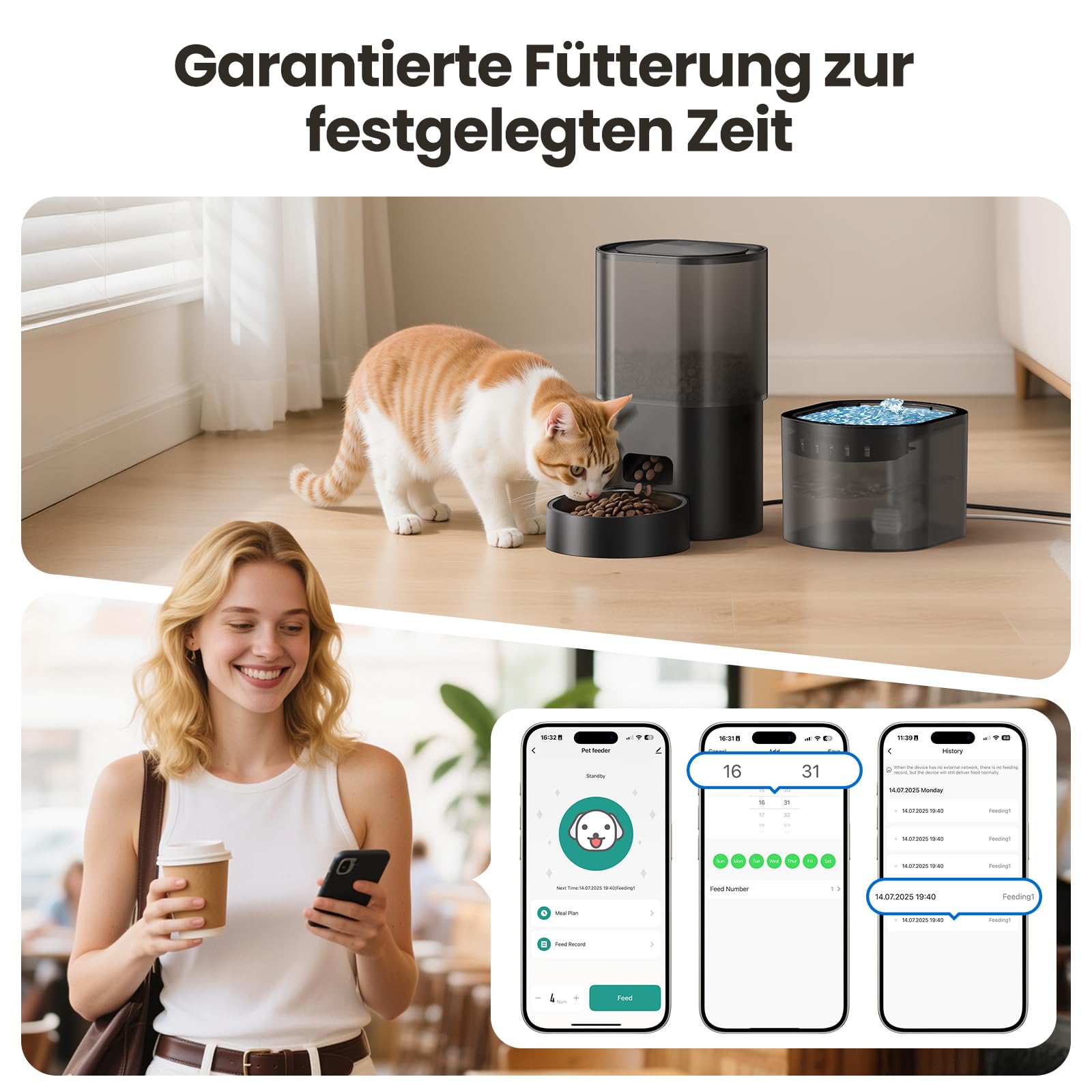3L Automatischer Katzenfutterspender 2,5L Katzenbrunnen-Set, geräuscharmes App-gesteuertes Fernfütterungsgerät mit 10 Mahlzeiten pro Tag, Anti-Verstopfungs-Design, ideal für Katzen & Welpen