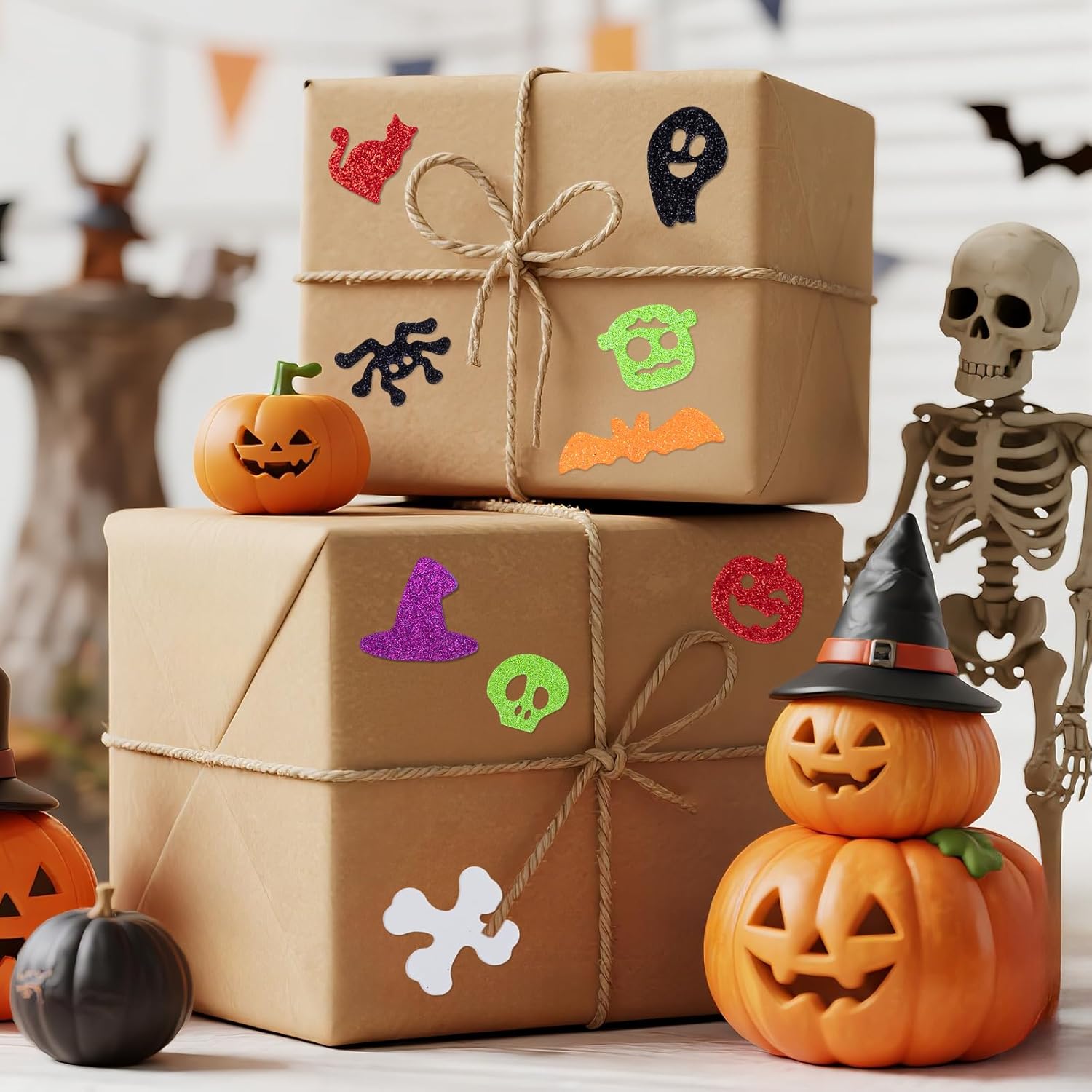 Anwyll 300Pcs Halloween Stickers for Kids - Halloween Foam Stickers Bulk Glitter Halloween Pumpkin Ghost Spider Decorating Sticker Self Adhesive Cute Happy Halloween Sticker for Craft DIY Party Supply
