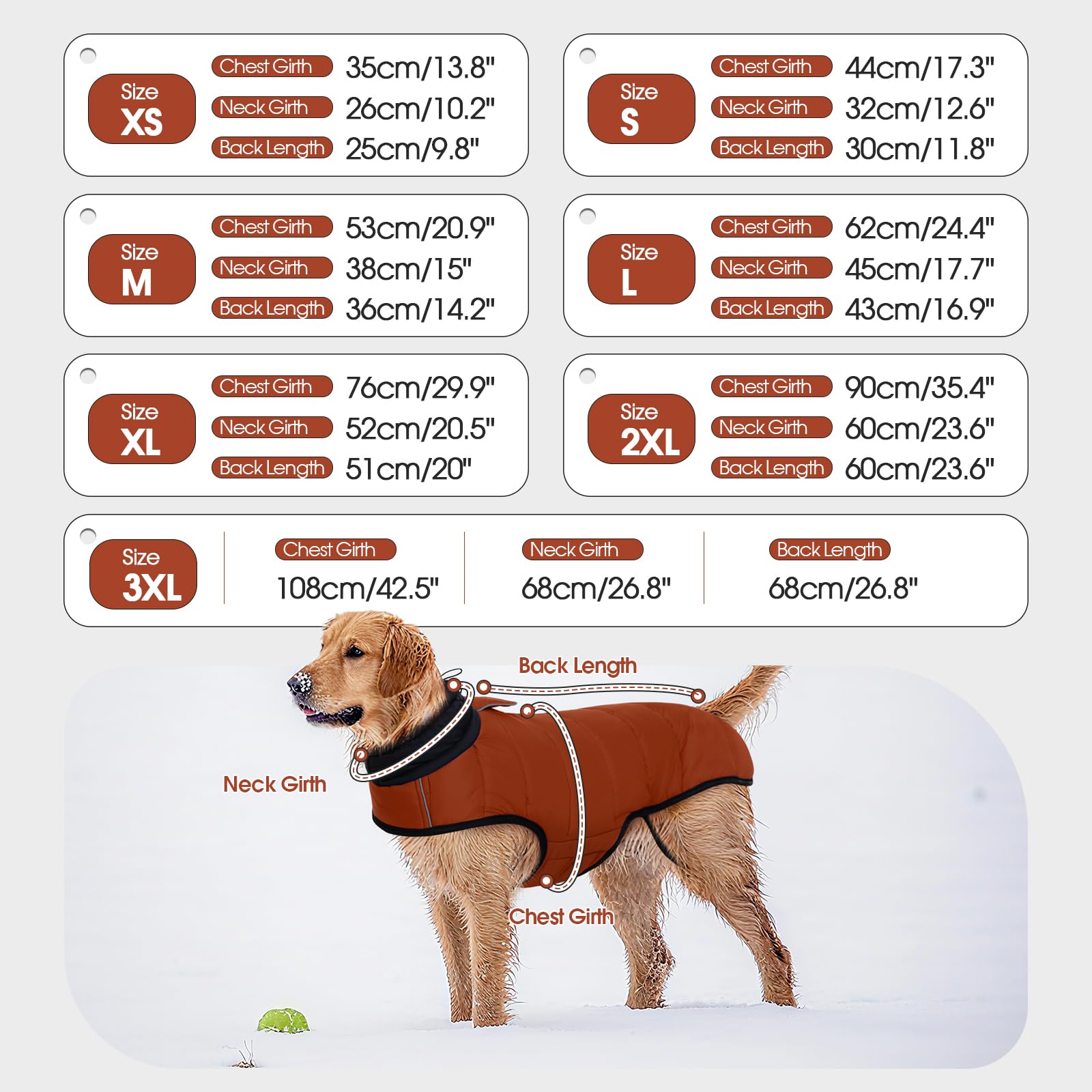 IDOMIK Dog Winter Coat, Warm Waterproof Dog Puffer Jacket with Harness Hole, Adjustable Reflective Snow Jacket Vest with Turtleneck, Pet Cold Weather Coats for Large Dogs,Caramel,L