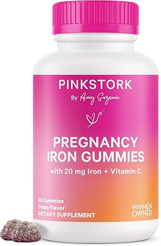 Pink Stork Gomitas de hierro para embarazo: gomitas de vitamina prenatal de uva, suplemento de hierro + vitamina C para mujeres embarazadas, para