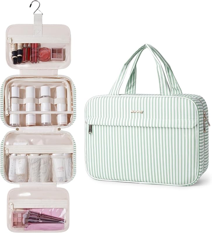 Necessaire de viagem grande Narwey com gancho e compartimentos, B-Mint Green Stripe, 1 unidade