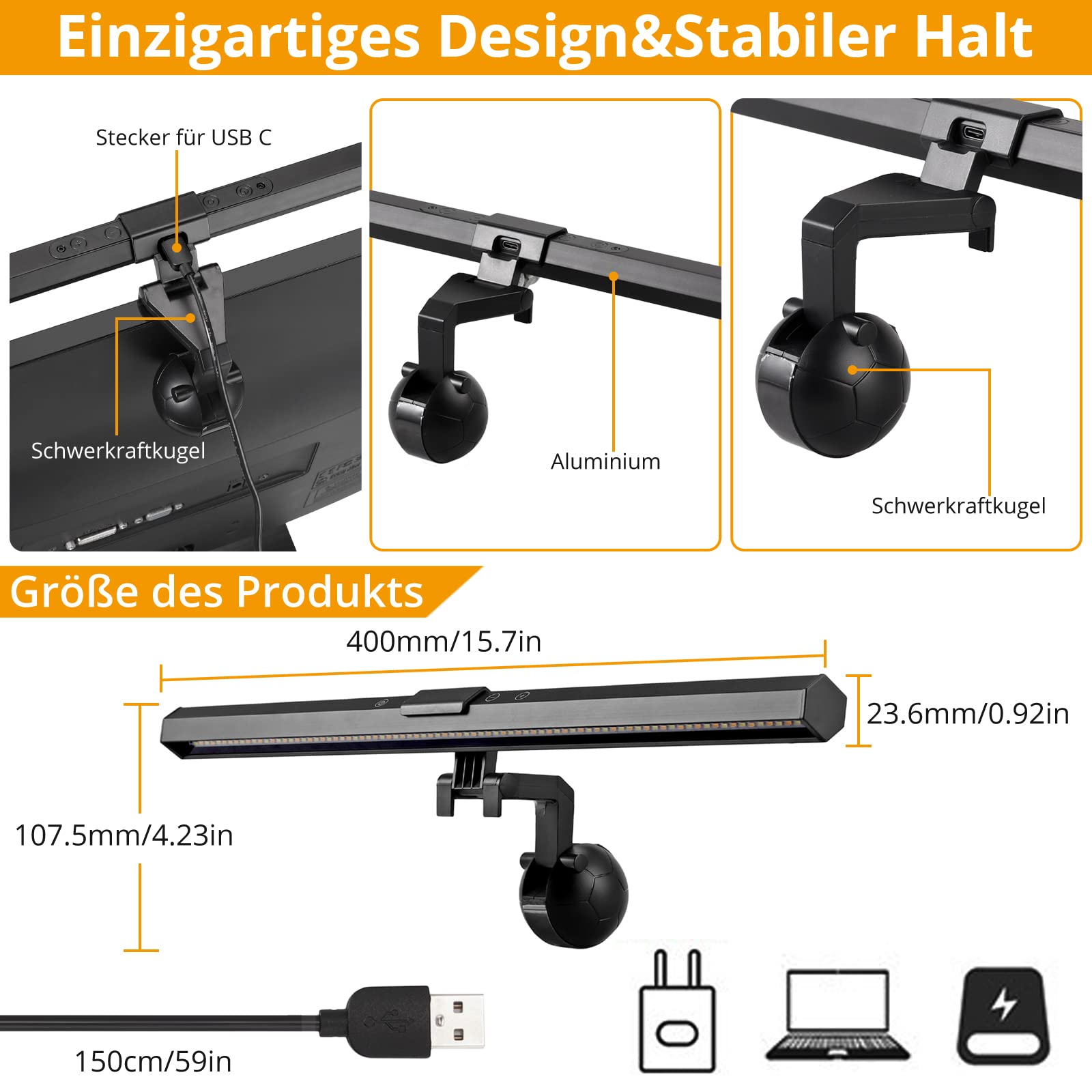 Produktbild von CSL - Monitor Lampe Dimmbar - USB LED Tischlampe Screenbar Lichtleiste Schreibtischlampe – Stufenlos Dimmbare Helligkeit – 3 Farbtemperaturen Kalt Warm Neutral – Tisch-Halteklammer – Schwenkbarer Hals