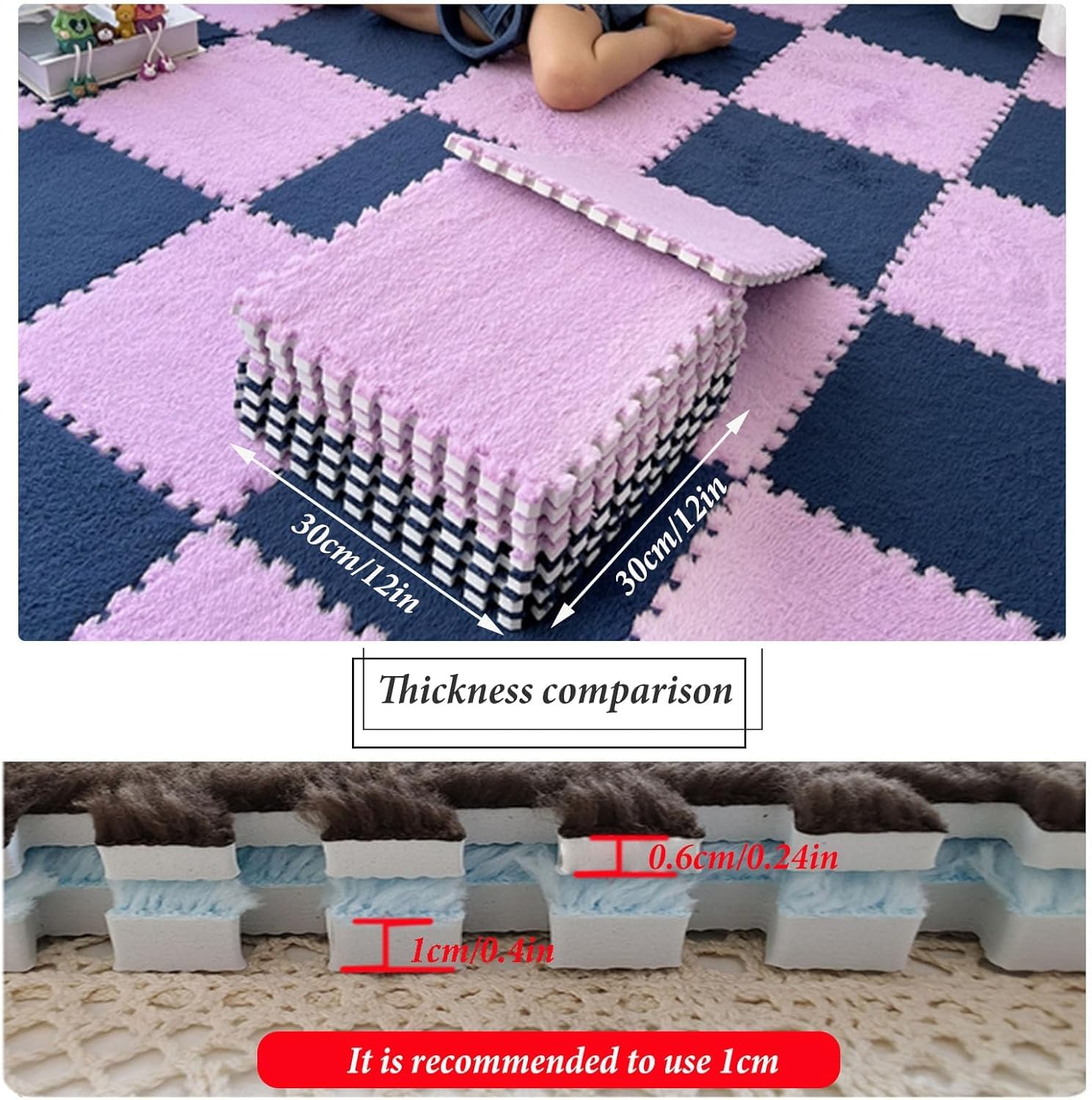 LNNNW Miękka Pluszowe maty puzzle 16 szt. Mata podłogowa z układanki piankowej, dywaniki dekoracyjne do pokoju, dywaniki blokujące puzzle, maty podłogowe z pluszowej pianki(White+Purple,0.6cm)