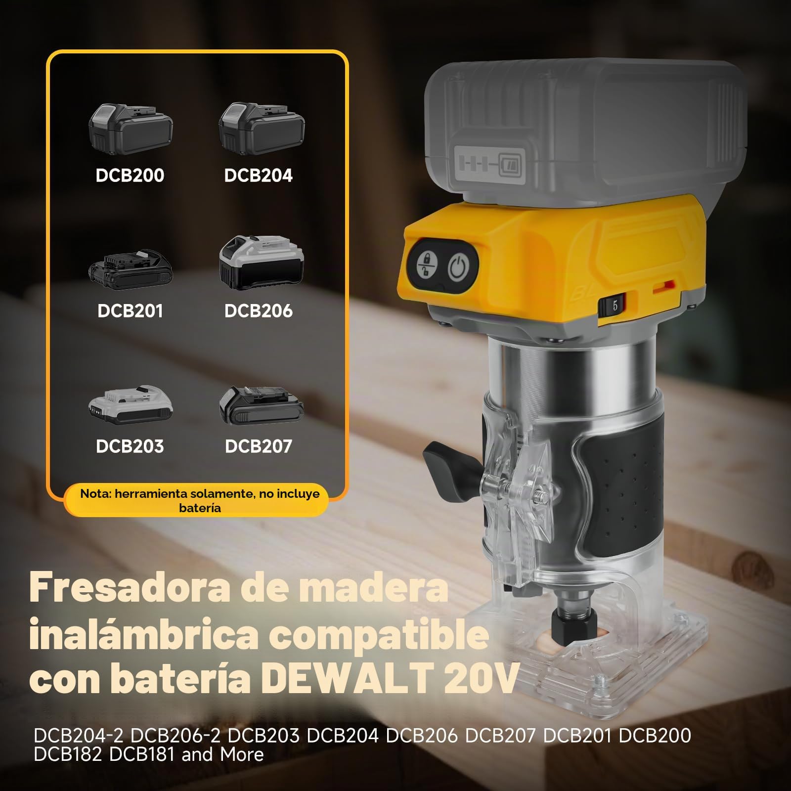 Fresadora con batería compatible con batería Dewalt de 20 V, 800 W, recortadora sin escobillas, router con 5 marchas, 30000 rpm, 5 unidades de 1/4 de cuello ranurado para carpintería, corte (sin
