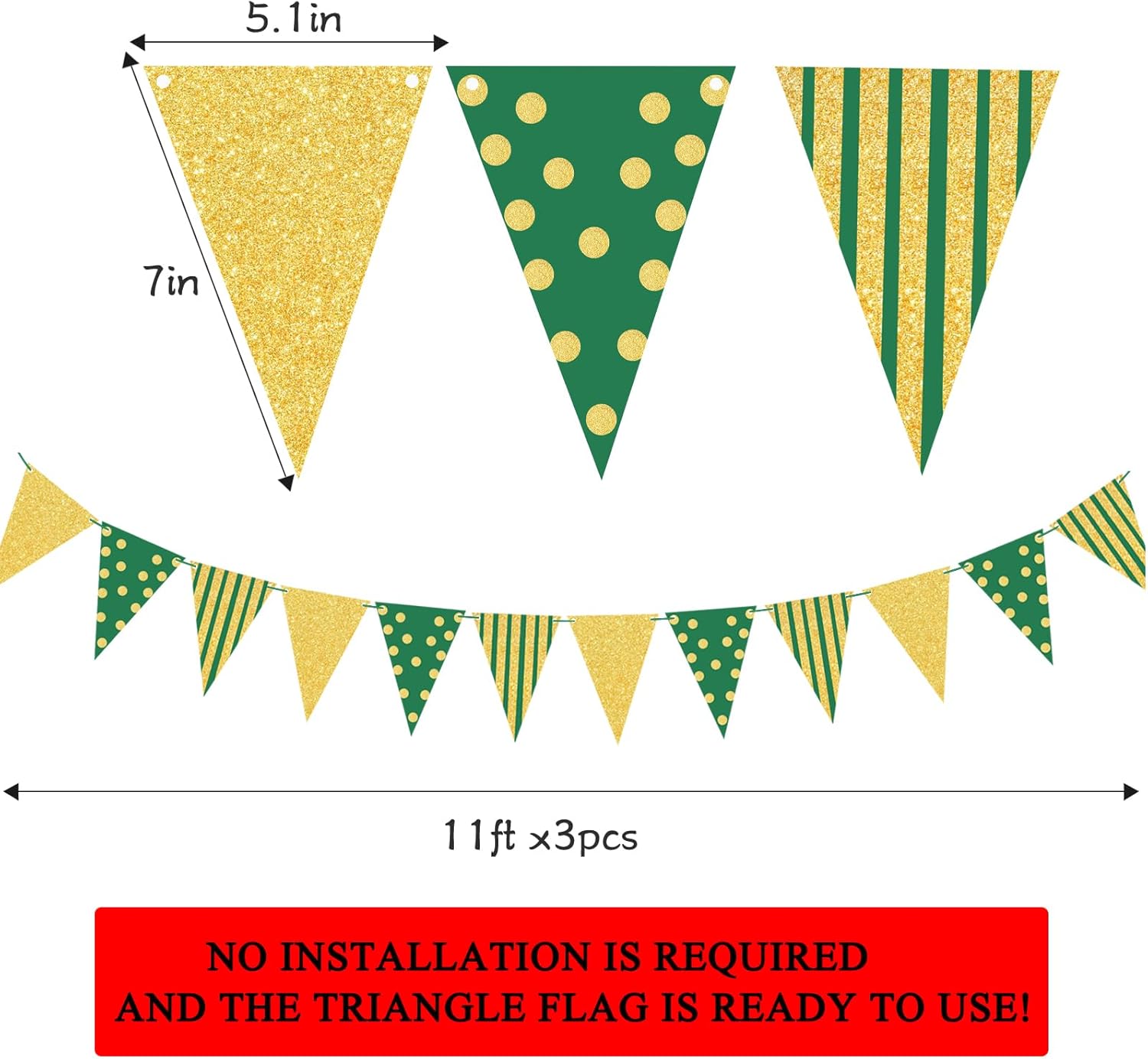 Green Gold Party Decorations Paper Fans and 33Ft Hanging Glitter Paper Triangle Flag Pennant Banner for St. Patrick's Day Graduation