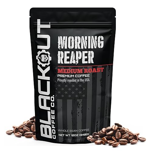 Blackout Coffee Morning Reaper - Café en grano entero, tostado medio, sabor audaz y suave, no amargo, bolsa de 12 onzas recién tostada, hecha en