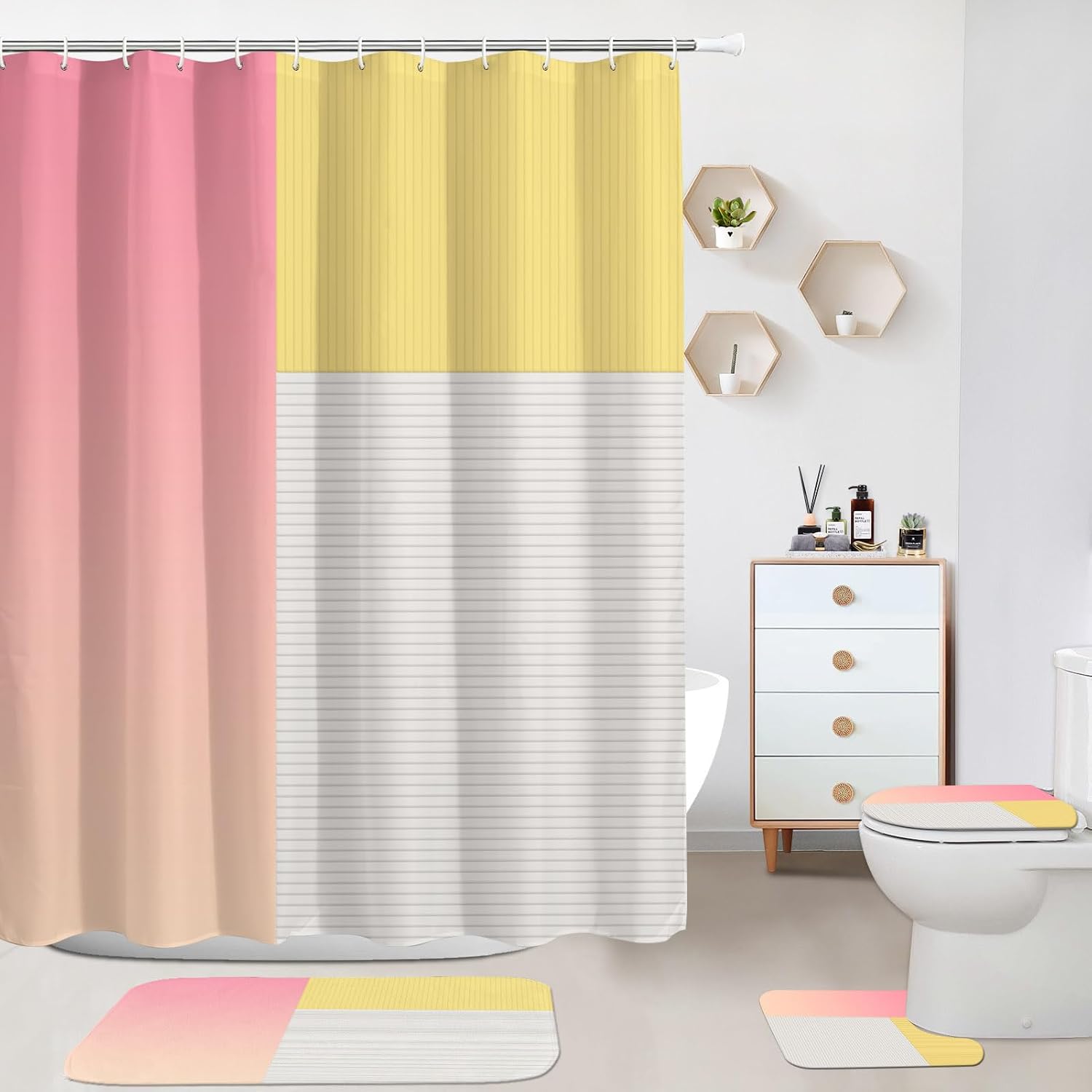 4 Pcs Pink Yellow Beige Bathroom Sets with Shower Curtain Set and Non-Slip Rugs for Bathroom, Modern Bathroom Shower Curtain Sets with Rugs and Accessories