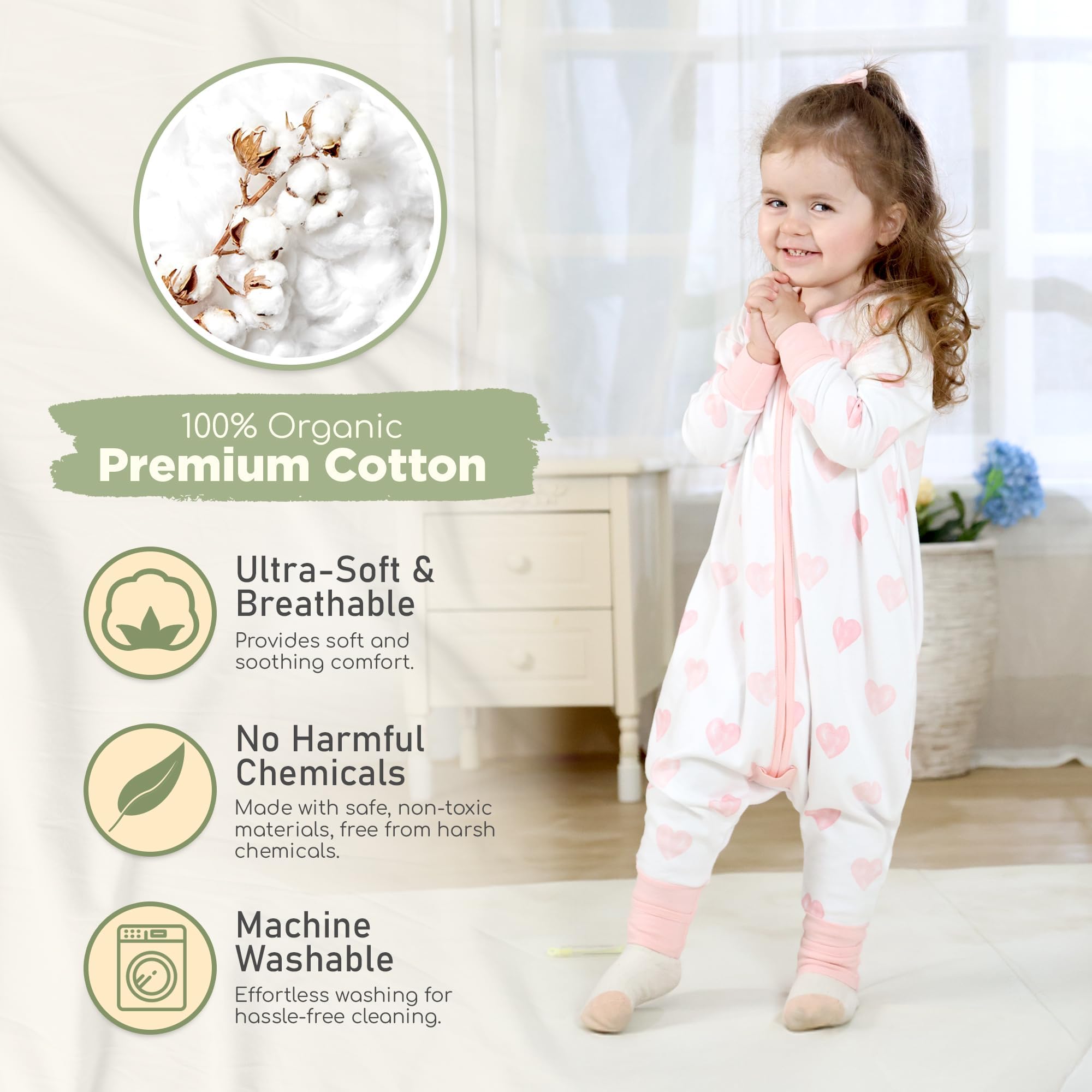 Mama Cheetah Sacco nanna per bambini con piedi, maniche lunghe, 1,0 Tog, 100% cotone biologico, sacco nanna con gambe, coperta indossabile per escursionisti, con cerniera a 2 vie, coperta per bambini