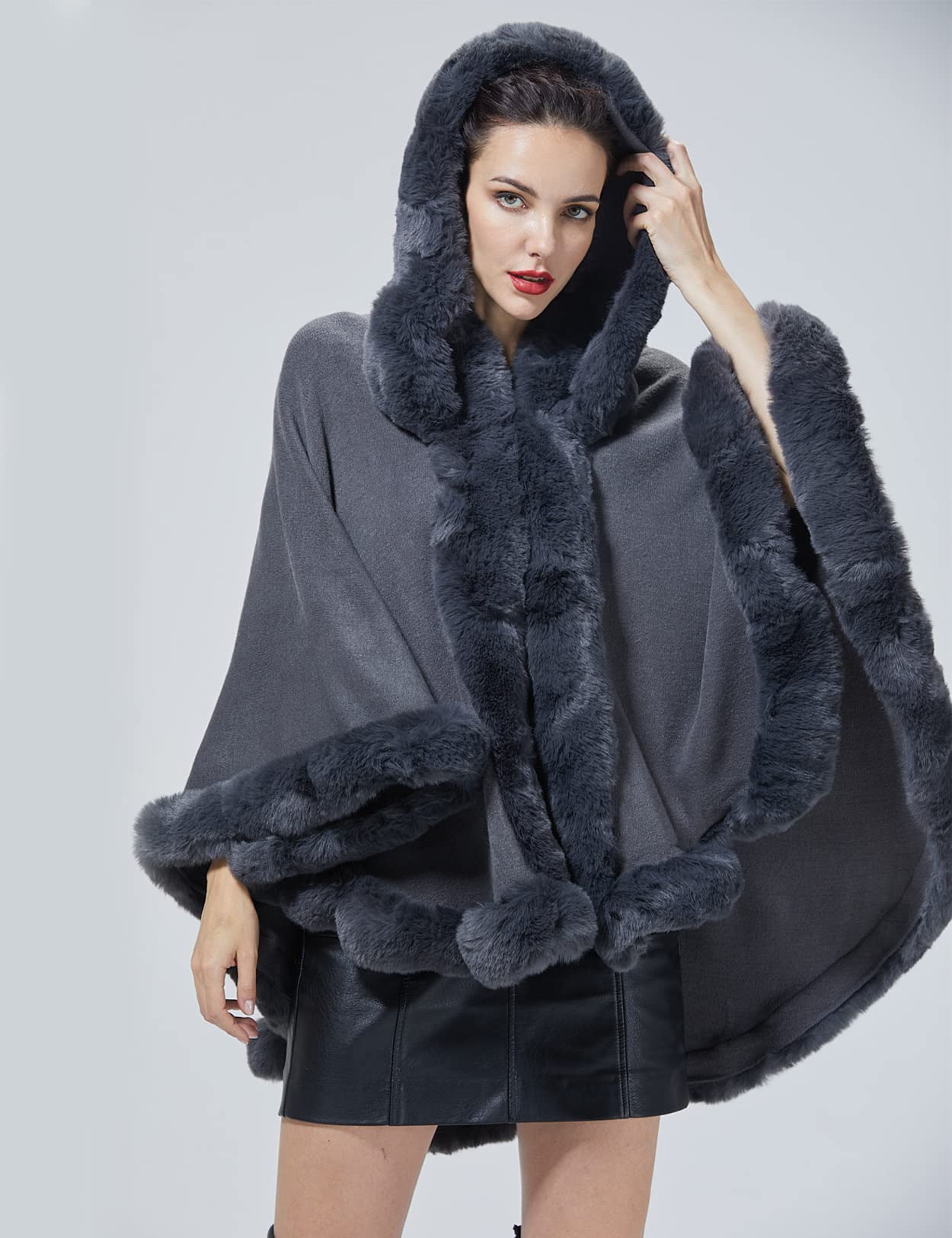 SUFCOMOU Poncho Hooded Shawl Wrap Women Cape Winter Faux Fur Trim Coat Sleeveless Cardigan Dressy Cloak for Party: One Size Grey