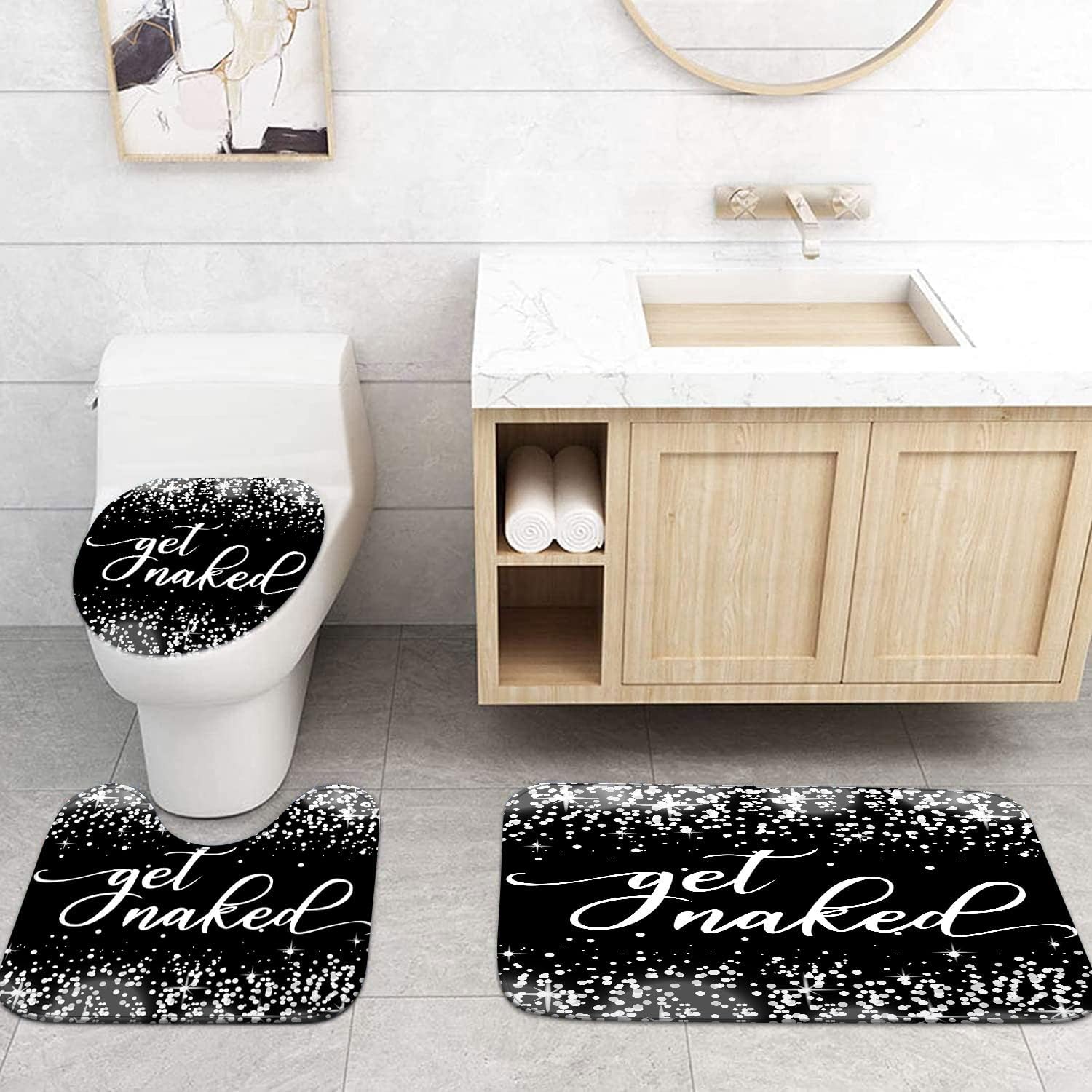 4 Piece Fashion Get Naked Shower Curtain Set Women Bathroom Decor Shiny Diamond Shower Curtains with Non-Slip Rug, Lid Cover, Bath Mat and 12 Hooks Black Waterproof Fabric Curtain Toilet Decor