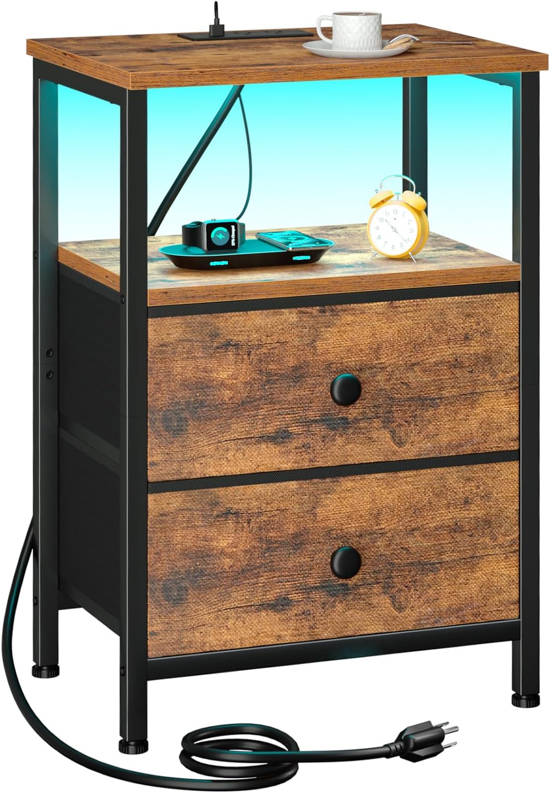LOAKEKEL Night Stand with Charging Station, Small Bedside Table with USB Ports & Outlets, LED Nightstand with 2 Fabric Storage Drawers PU Finish for Bedroom, Brown, HETS02BR-1