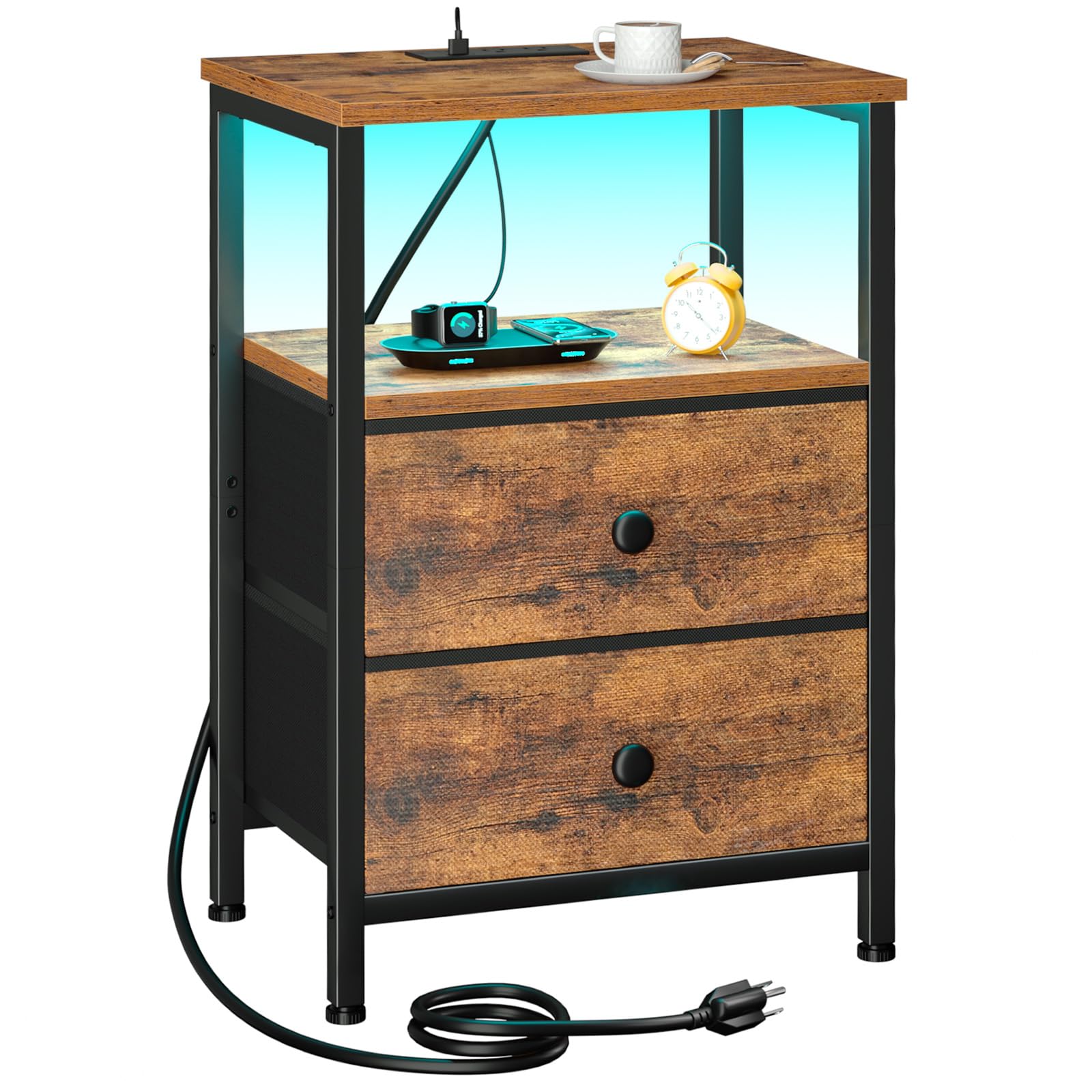 Photo 1 of **DAMAGED/MISSING PIECES** LOAKEKEL Night Stand with Charging Station, Small Bedside Table with USB Ports & Outlets, LED Nightstand with 2 Fabric Storage Drawers PU Finish for Bedroom, Brown, HETS02BR-1