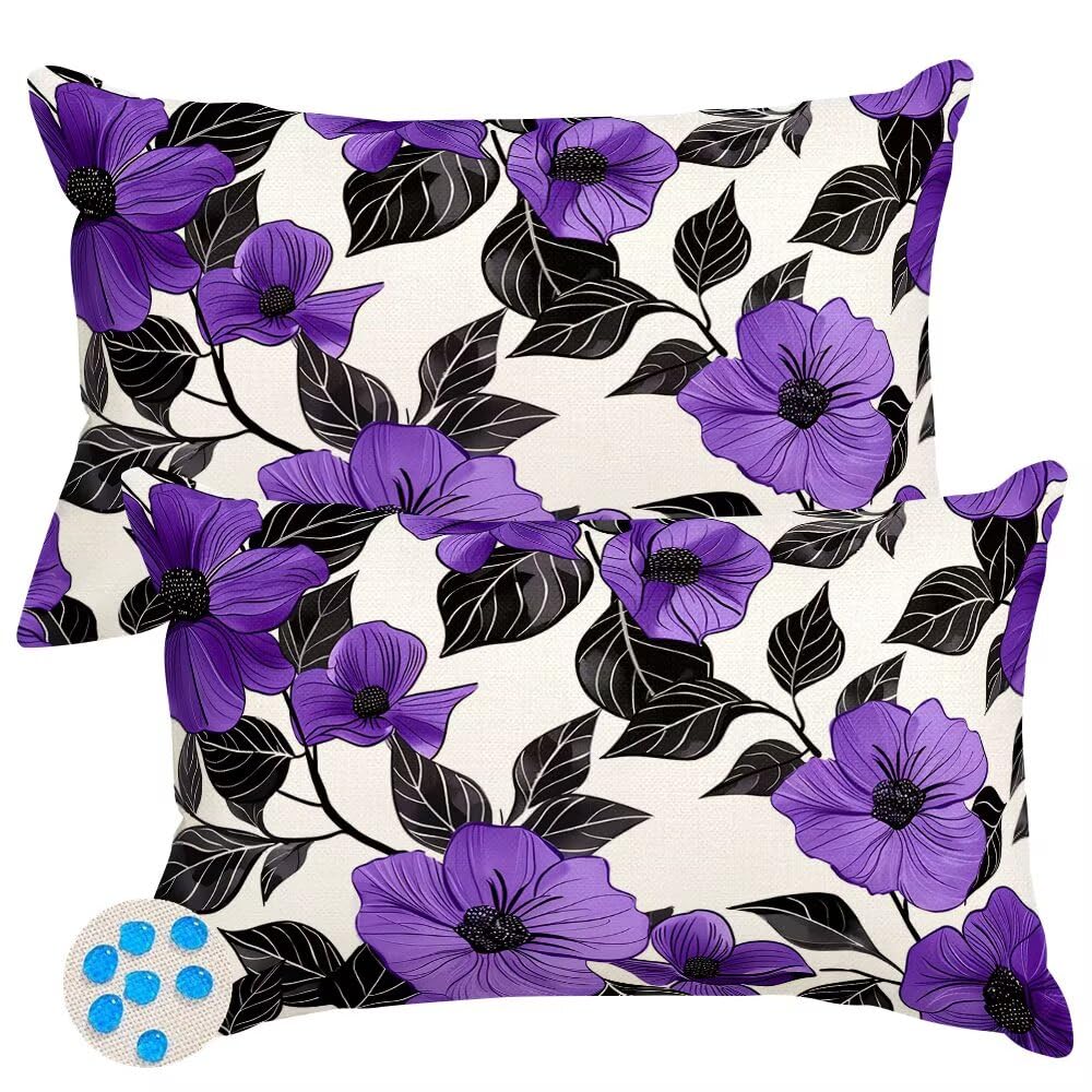 Outdoor Cushions Waterproof Cushion Covers 50cm x 70cm Pack of 2 Plants Garden Cushion Cover Purple Flowers Throw Pillow Covers 20 x 28 Inch Outdoor Pillowcase for Garden Furniture Living Room -SC368