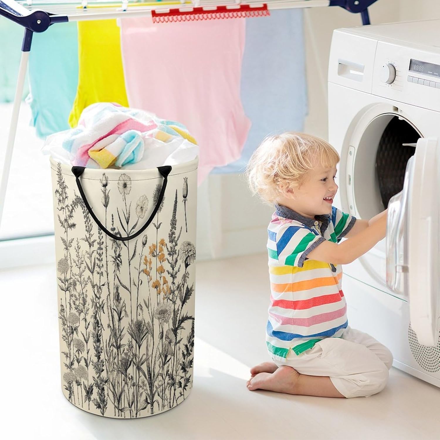 Floral Herbs Botanical Engraving Laundry Hamper Large Collapsible Laundry Basket with Handles Waterproof Clothes Hamper Portable Dirty Clothes Basket for Bedroom Laundry Room Closet Bathroom