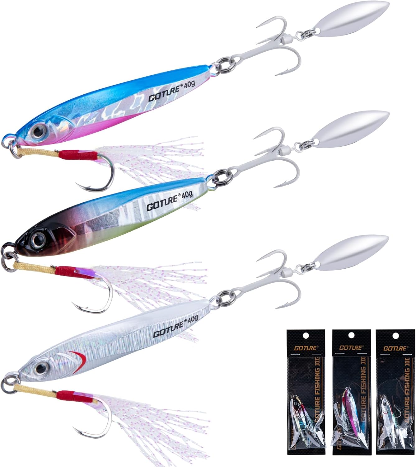Goture Fishing Jigs, 40g 60g Vertical Jig Saltwater Freshwater, Jig Fishing Lures with Assist Hooks and Treble Hook, Jigging Spoon Lures for Tuna, Salmon,Striped Bass, Grouper Snapper,Kingfish