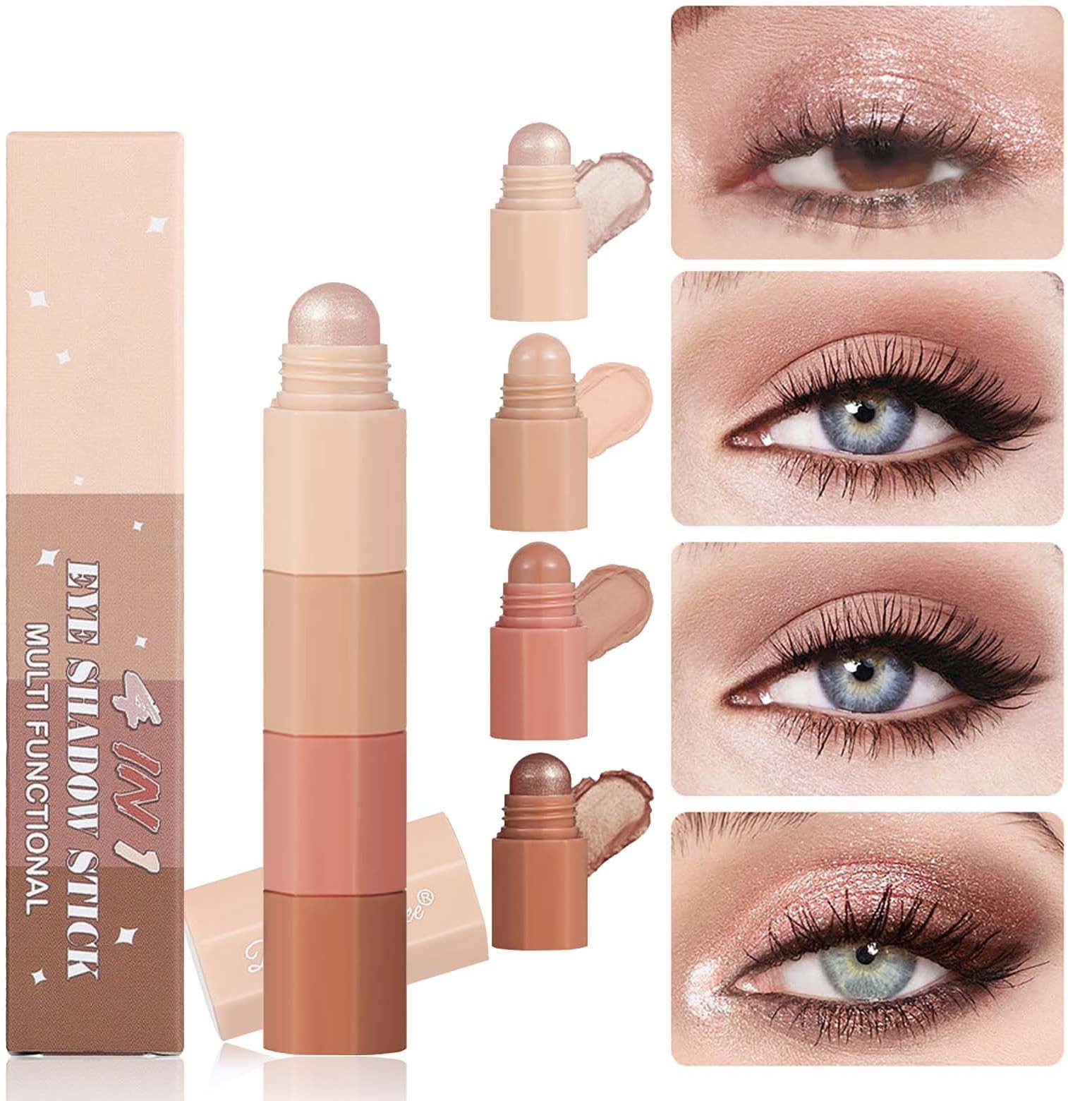 Shimmer Cream Eyeshadow Stick, Powder Metallic Shimmer Eyeshadow Pen Crayon, 4 Colour Eyeshadow Pencil, Creamy Smooth Nude Eyeshadow Pencil, Face & Eye Highlighter Pen
