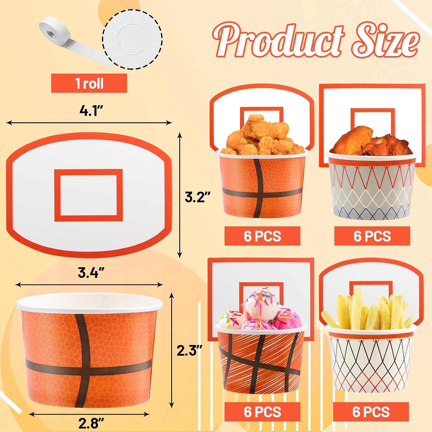 WorldBazaar Basketball Hoop Snack Cups 24 Sets Kids Paper Bowl Party Favor | Basketball Party Supplies, Disposable Treat Snacks Cups, Candy Ice Cream Bowls, Party Decorations