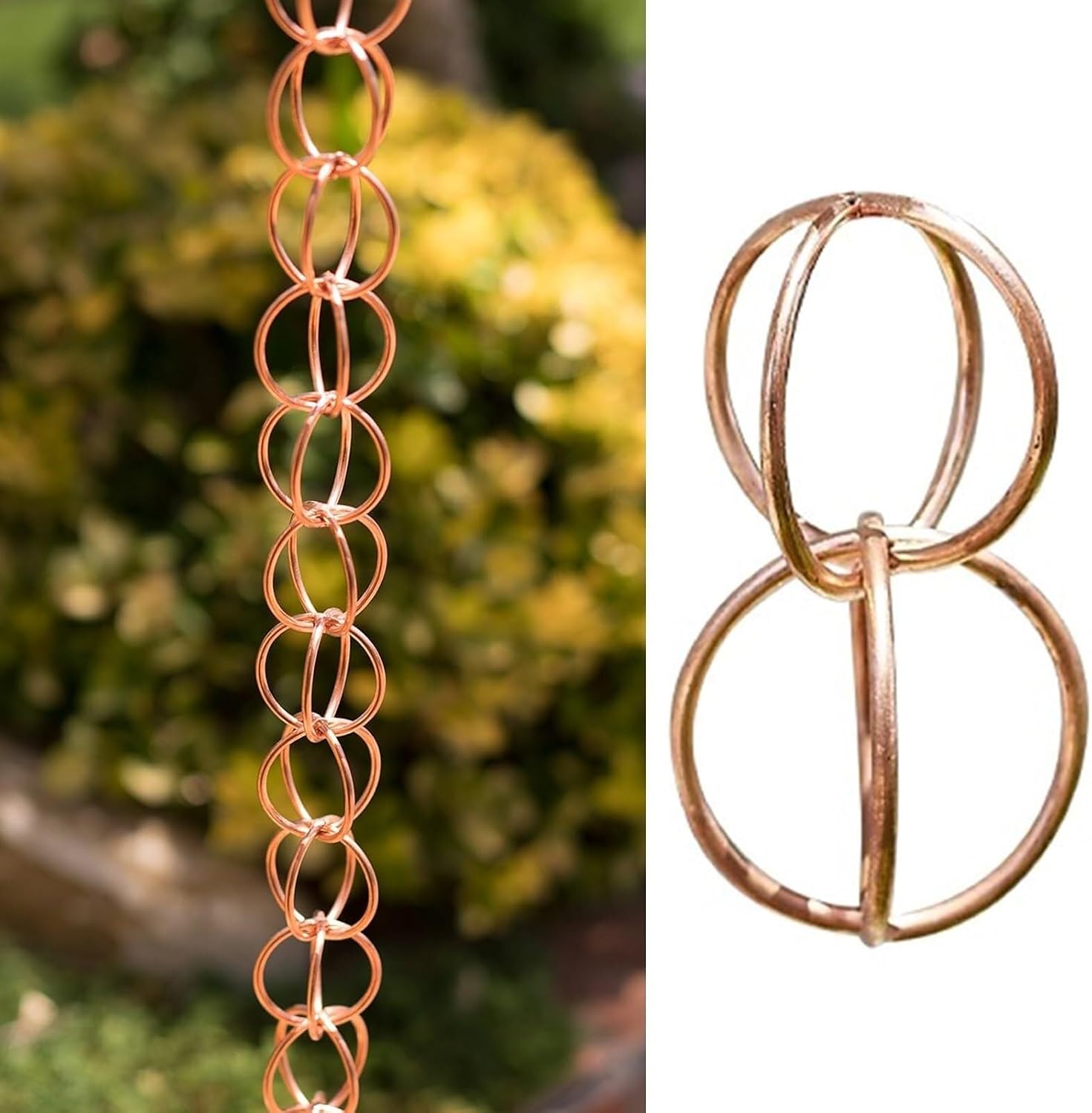 Copper Rain Chain with Decorative Rings, Adjustable Length Rainwater Diverter, Downspout Replacement for Outdoor Gutters(2m (6.6ft))