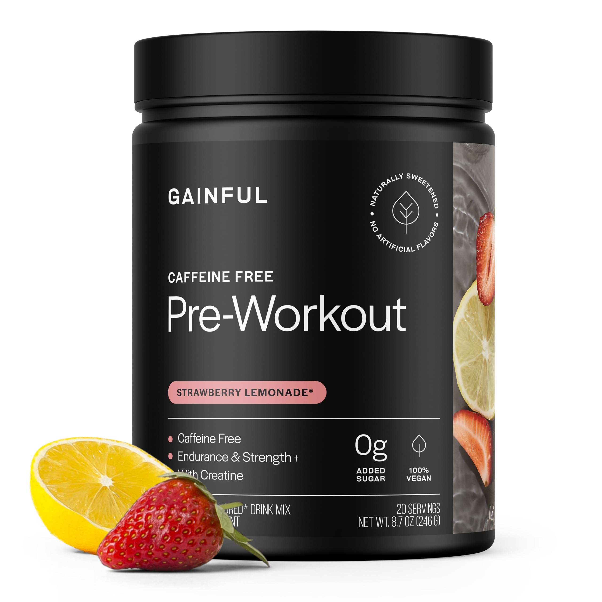 Gainful Caffeine Free Pre Workout Powder with Creatine, Strawberry Lemonade Flavor, Supports Strength, Endurance, & Recovery, BCAAs, Beta Alanine, L-Citrulline, No Artificial Ingredients, 20 Servings