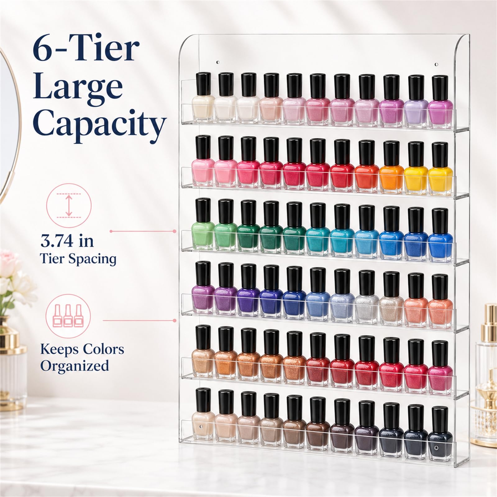 6 niveles de esmalte de uñas, estante de pared, acrílico, soporte para esmalte de uñas, duradero, esmalte de uñas, acrílico transparente, soporte para hasta 96 esmaltes de uñas