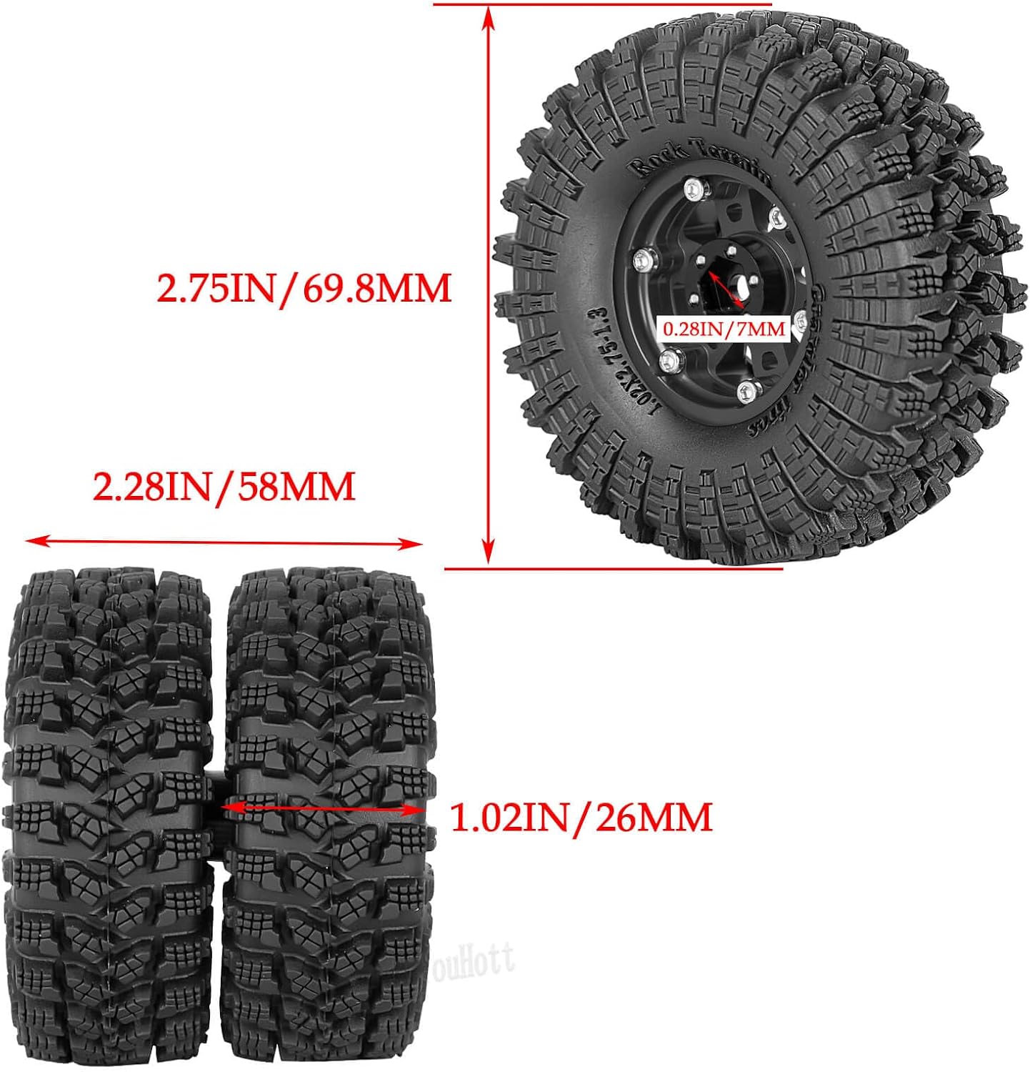 RC 1.3" Beadlock Tires Wheels for 1/18 1/24 Trx4m SCX24 FCX24 Ascent-18 RC Crawler Car,4pcs 1.3 Inch Wheel Rim Soft Rubber Tires,Black