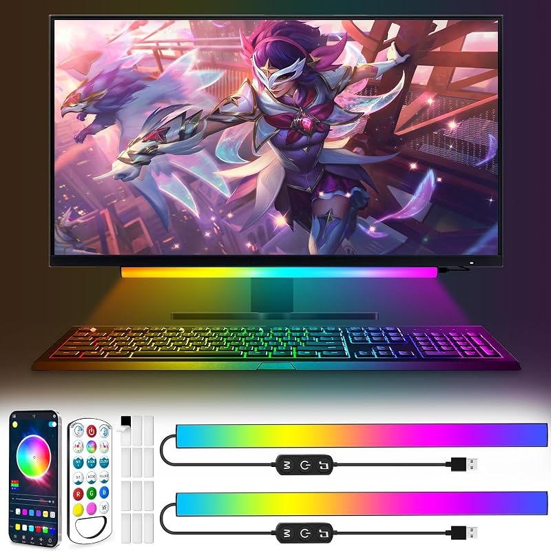 KANTUTOE Under Monitor Light Bar, App and Remote Control Gaming Ambient Lights,Music Sync Color Changing, 16 Million Colors, Timing, USB Powered RGB Light Bar for Monitor/TV/PC Back (2pcs)